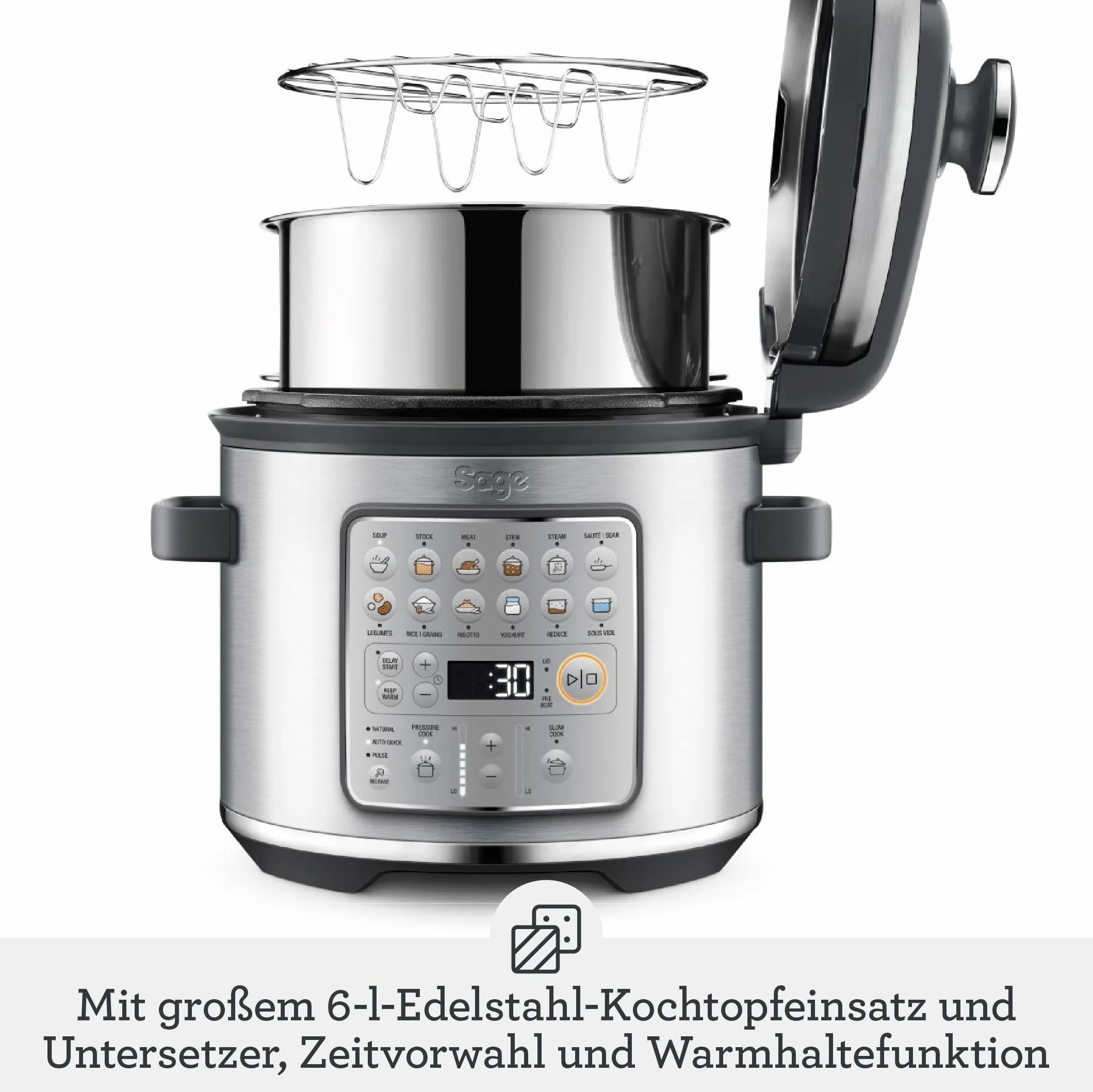 Sage Fast Slow Go - Gotowanie pod ciśnieniem, wolne gotowanie, smażenie, gotowanie na parze, duszenie, robienie risotto, Szczotkowana Stal Nierdzewna