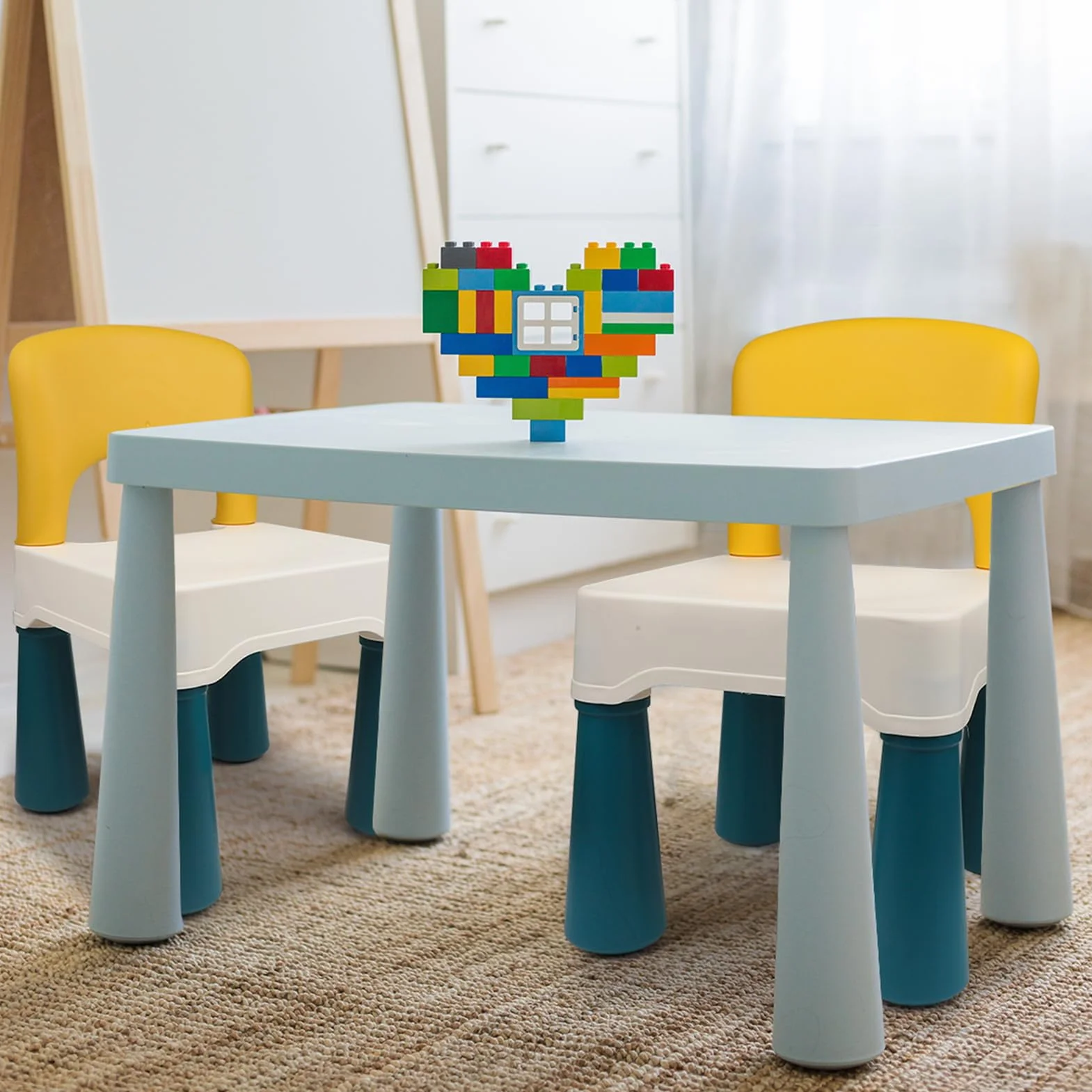 burgkidz Krzesło dziecięce, plastikowe krzesło dla malucha z ulepszonym ergonomicznym oparciem dla dzieci, pasuje do stołu z klocków, odpowiednie dla chłopców i dziewcząt do siedzenia, makaronik