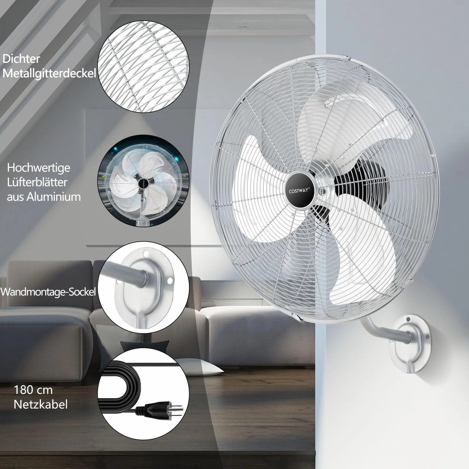 COSTWAY Wentylator ścienny przemysłowy 56 cm, oscylacja 85° i regulowany kąt nachylenia 30°, 3 stopnie prędkości, wentylator z oscylującą głowicą, do magazynu, warsztatu, szklarni (kolor srebrny)