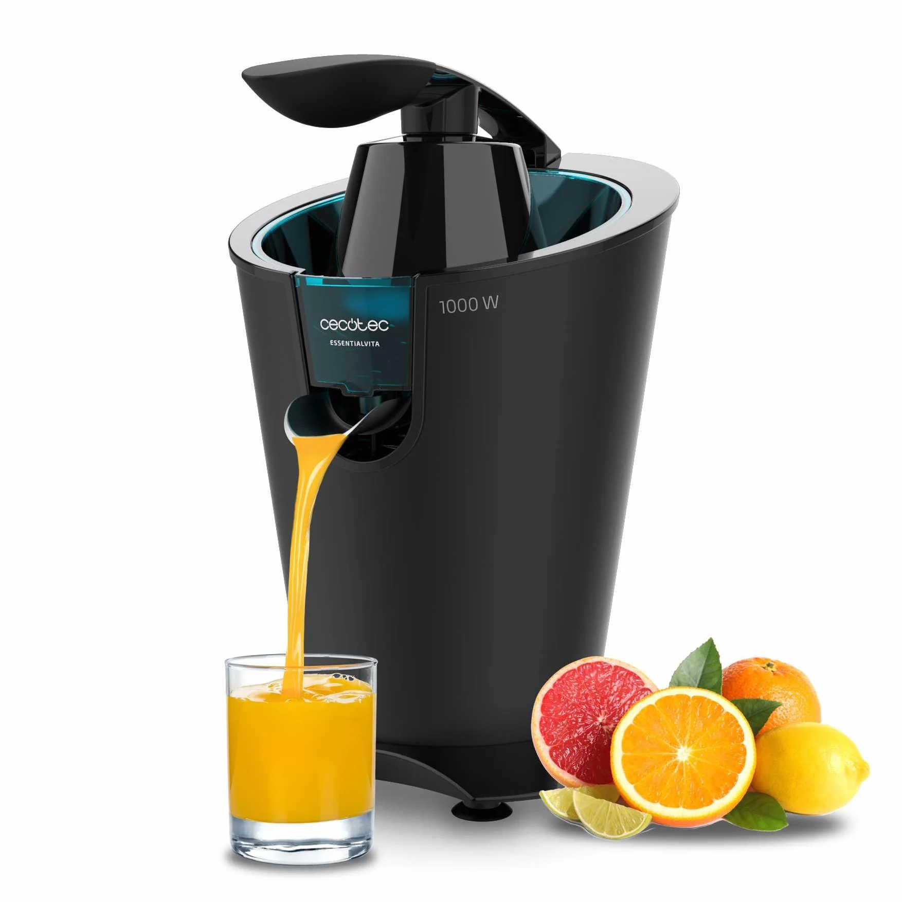 Cecotec Elektryczna wyciskarka do cytrusów EssentialVita PowerFresh 1000 Black. 1000 W, filtr stalowy, dwa zdejmowane stożki, system zapobiegający kapaniu, nadaje się do mycia w zmywarce, stylowy