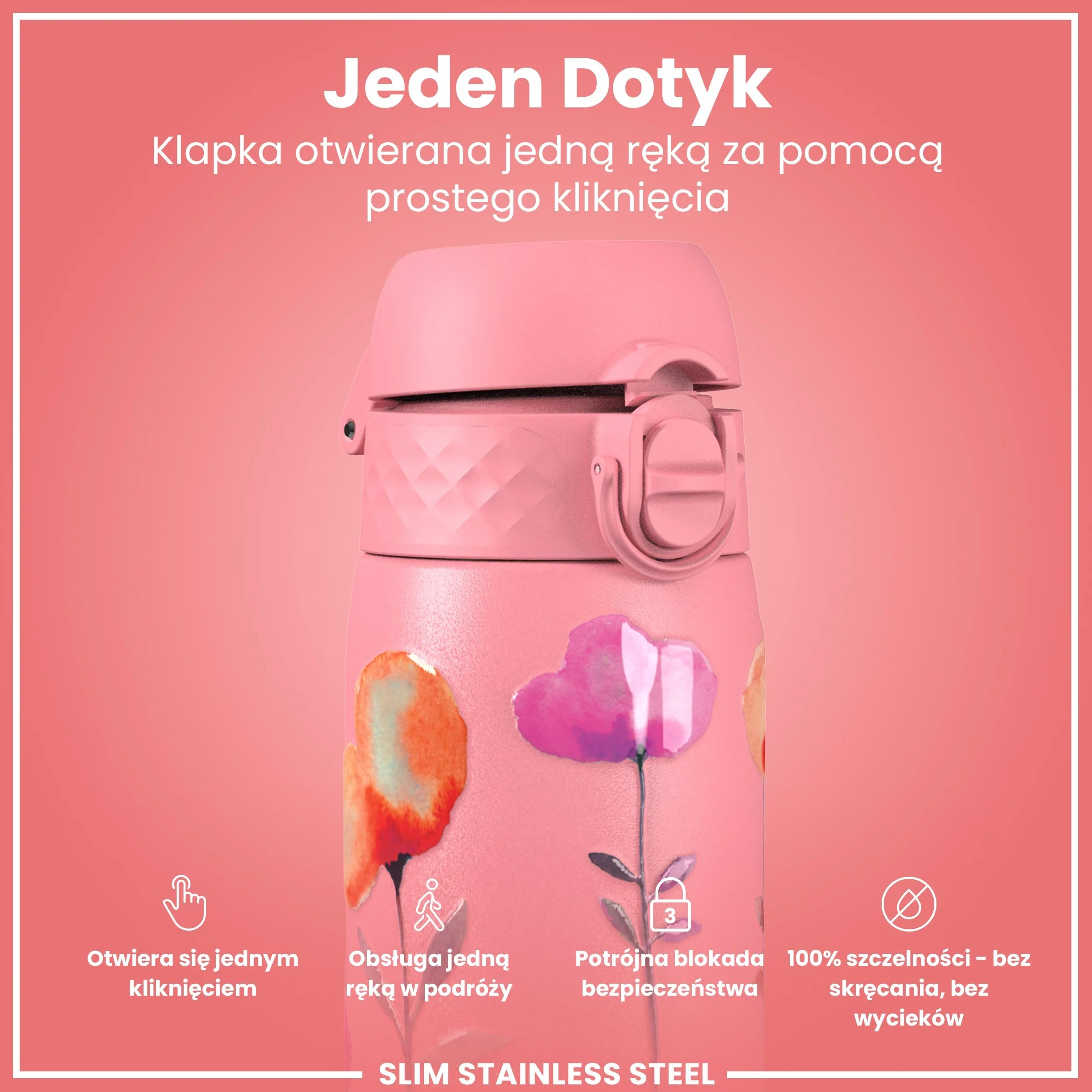 ION8 Butelka na Wodę ze Lekki Stali, 600 ml/20 oz, Nieocieplany, Szczelna, Łatwe Otwieranie, Bezpieczny Zamek, Można Myć w Zmywarce, Higieniczne Pokrycie, Składany Uchwyt, Kwiaty