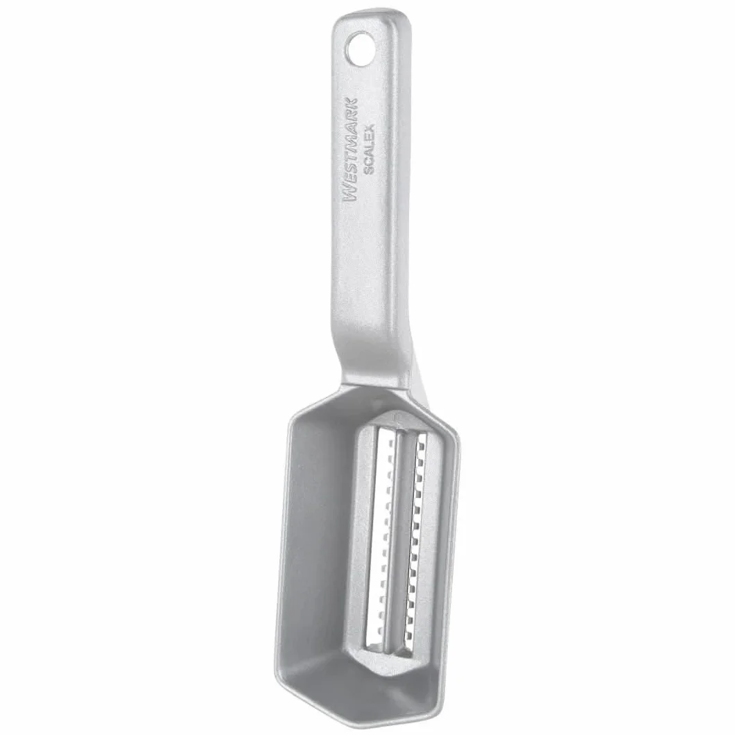 Westmark Skrobak do ryb ze zbiorniczkiem na resztki, aluminium, specjalna bezpieczna powłoka dla żywności, stal nierdzewna, 21 x 5,9 x 5,3 cm, Scalex, srebrny, 65002260