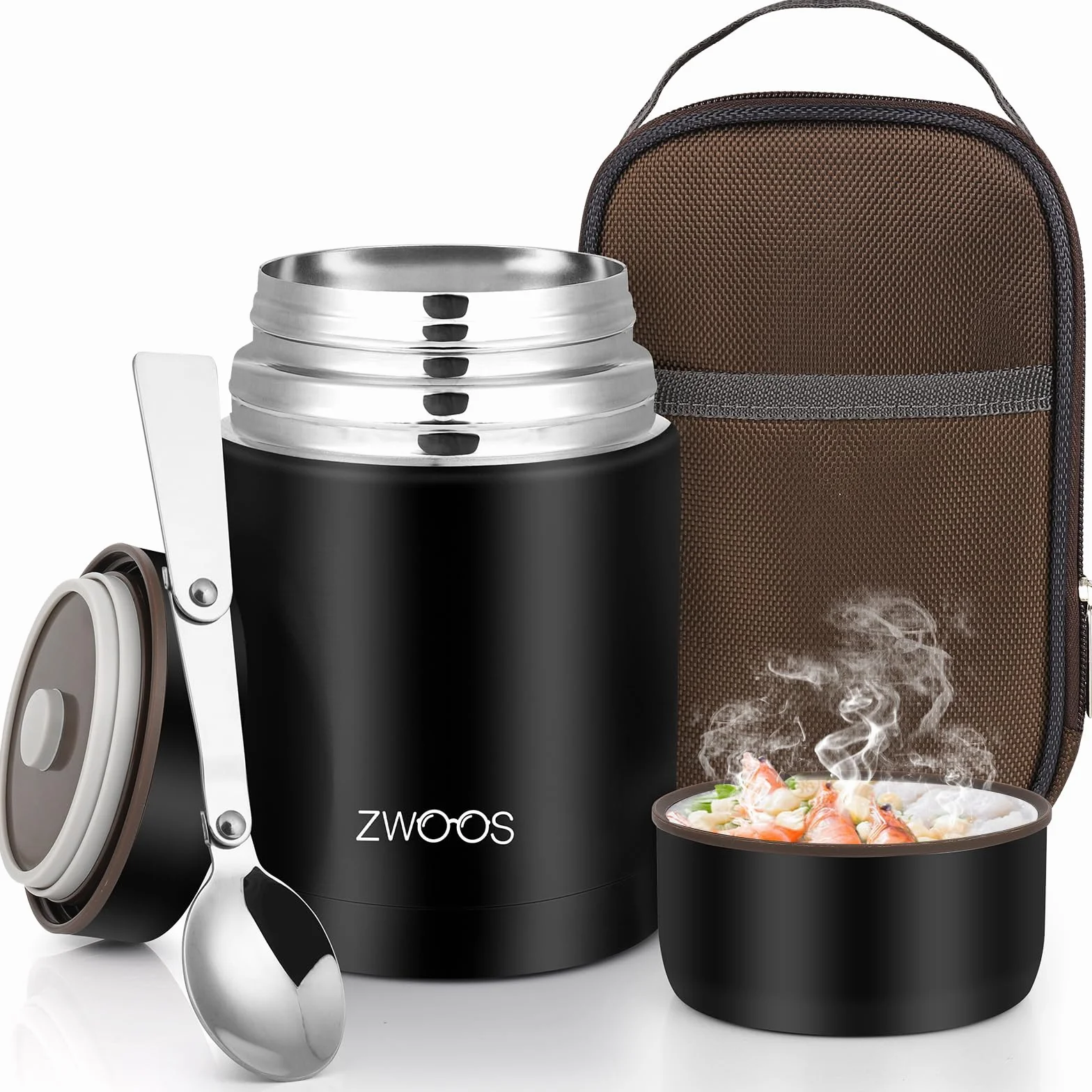 ZWOOS Pojemnik termiczny na żywność 800 ml ze stali nierdzewnej 316 szczelny kubek termiczny czarny