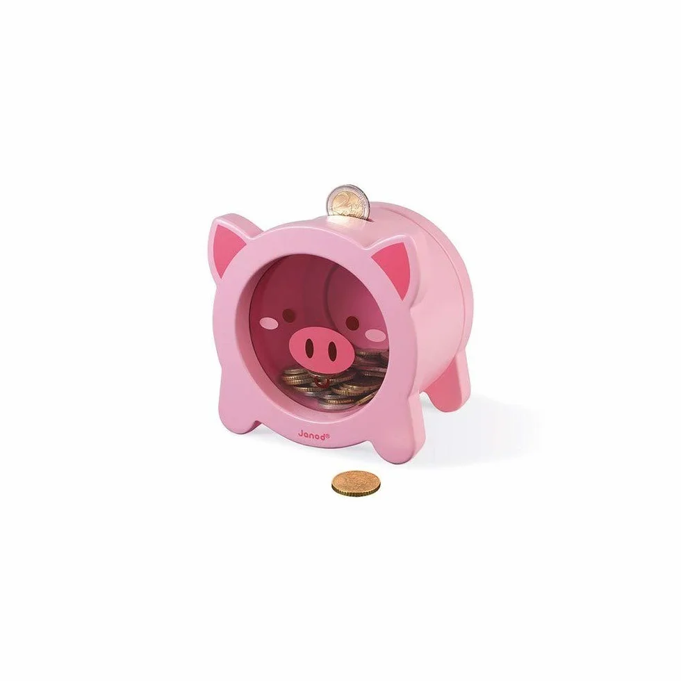 Janod Wooden Children’s Piggy Bank 5.9 inch See-Through Side Magnetic Opening Ages 3+