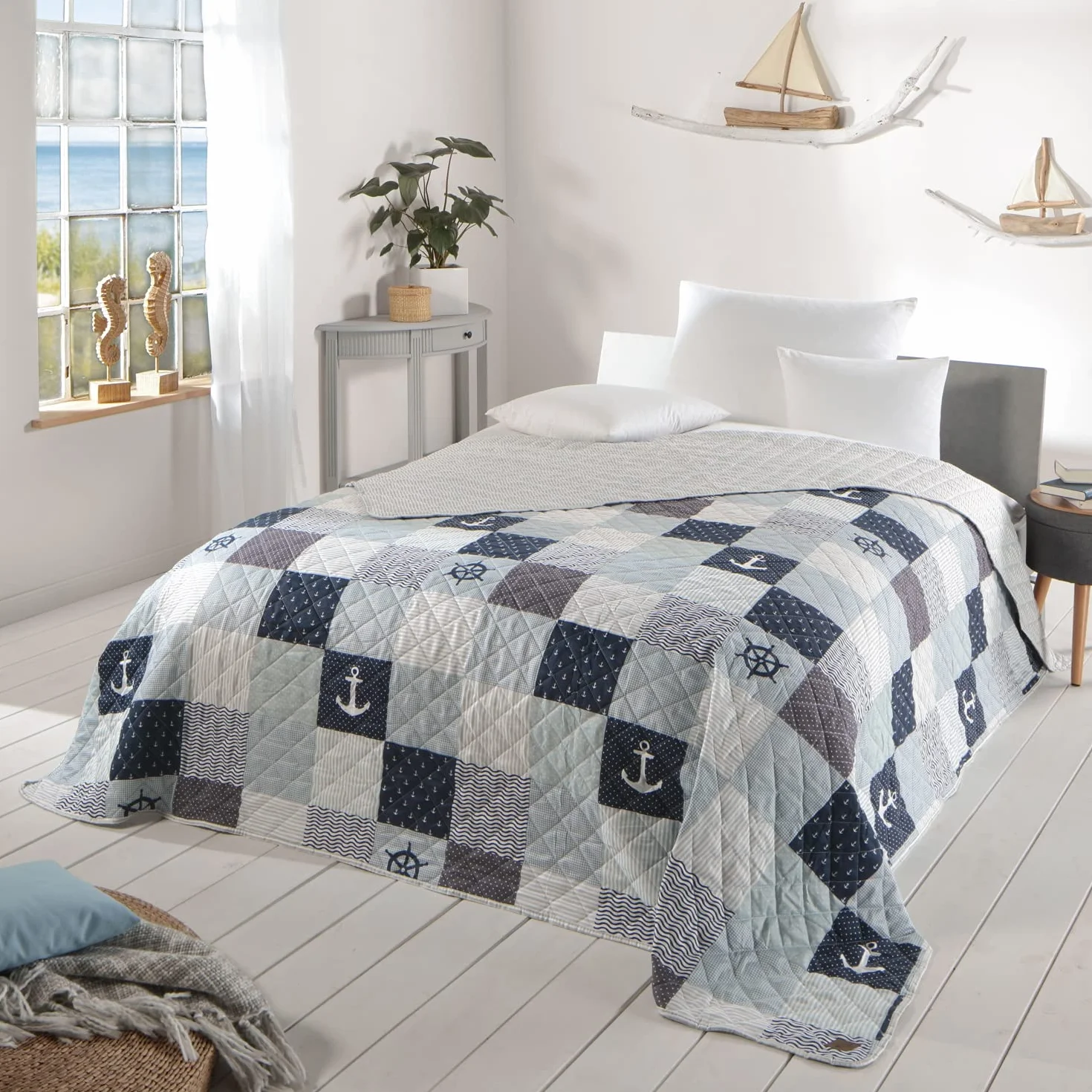 Delindo Lifestyle narzuta na łóżko podwójne Maritim 220 x 240 cm patchwork morska niebieska