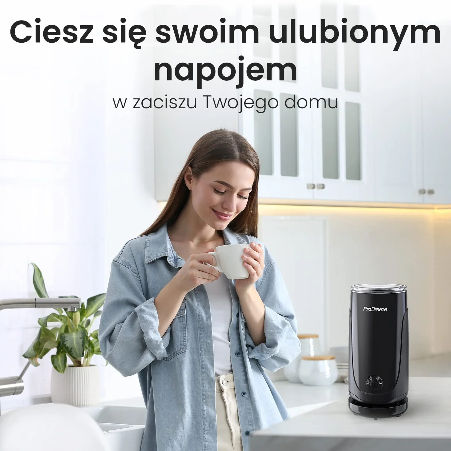 ProBreeze Elektryczny Spieniacz do Mleka 4w1 na Ciepło i Zimno, Podgrzewacz Ubijacz, Mikser do Śmietanki, Cichy, do Kawy Cappuccino Frappe Gorącej Czekolady, Czarny