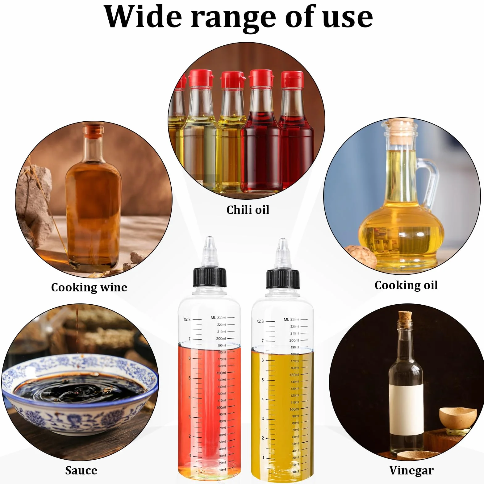 2 butelki do wyciskania 250 ml, ze skalą, przezroczysty dozownik oleju, butelki z końcówką, wielofunkcyjna butelka plastikowa do płynnych przypraw, sosów, oleju, soi, octu