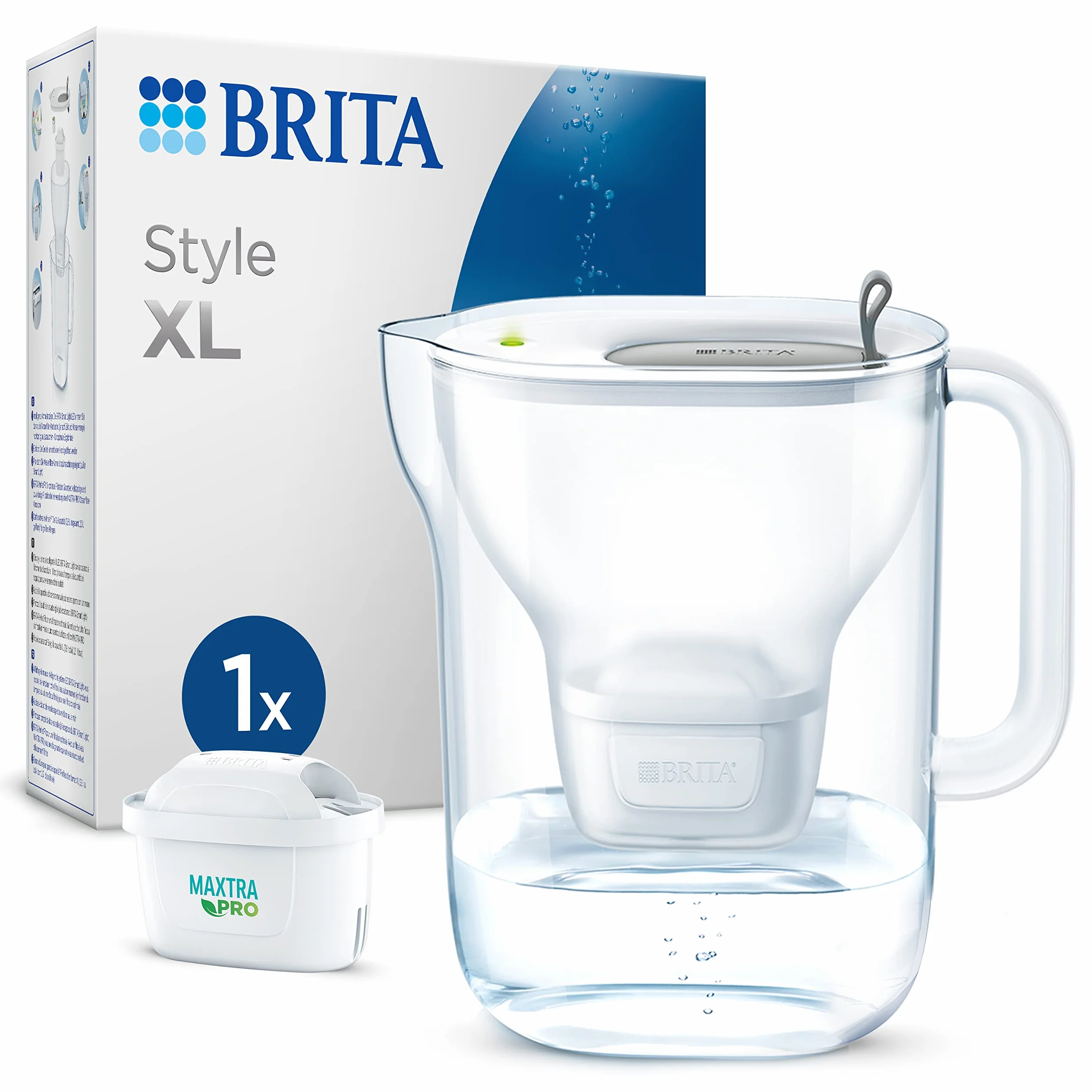 BRITA Dzbanek filtrujący Style XL szary (3.6L) zawiera 1 filtr MAXTRA PRO Pure Performance - duża pojemność, uchylna klapka, wskaźnik LED, filtr redukuje chlor, kamień i zanieczyszczenia