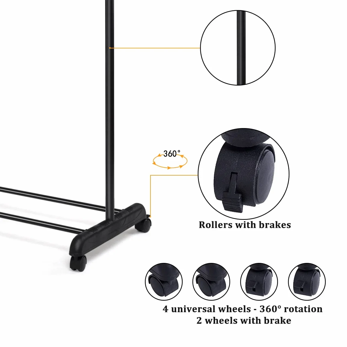 COSTWAY Wieszak Na Ubrania Na Kółkach Z Regulacją Wysokości 92-170 cm, Wysuwany Drążek 84-140 cm, Wózek Garderobiany Ze Stabilną Półką, Obracane Kółka 360°, Hamulce, Antykorozyjny