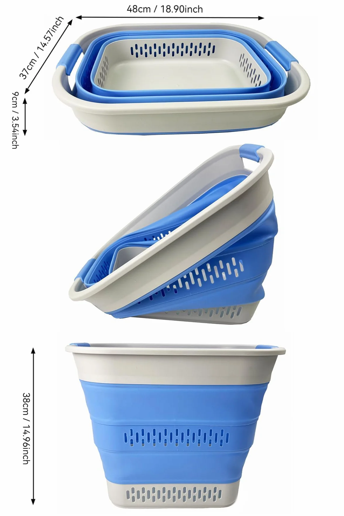 SAMMART Składany plastikowy kosz na pranie, 40 l, składany, rozkładany pojemnik/organizer, przenośny kosz na pranie, oszczędność miejsca, 1, szary/niebieski (Little Boy Blue)