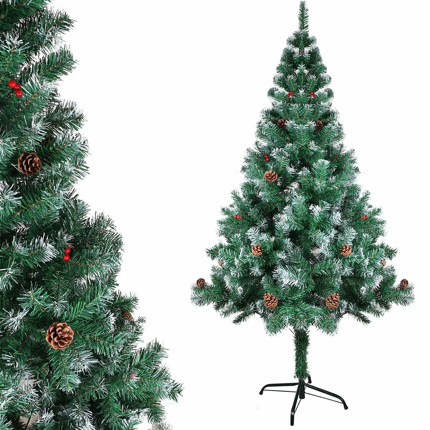 Sztuczna choinka z szyszkami sosnowymi i jagodami 120 cm trudnopalna metalowy stojak