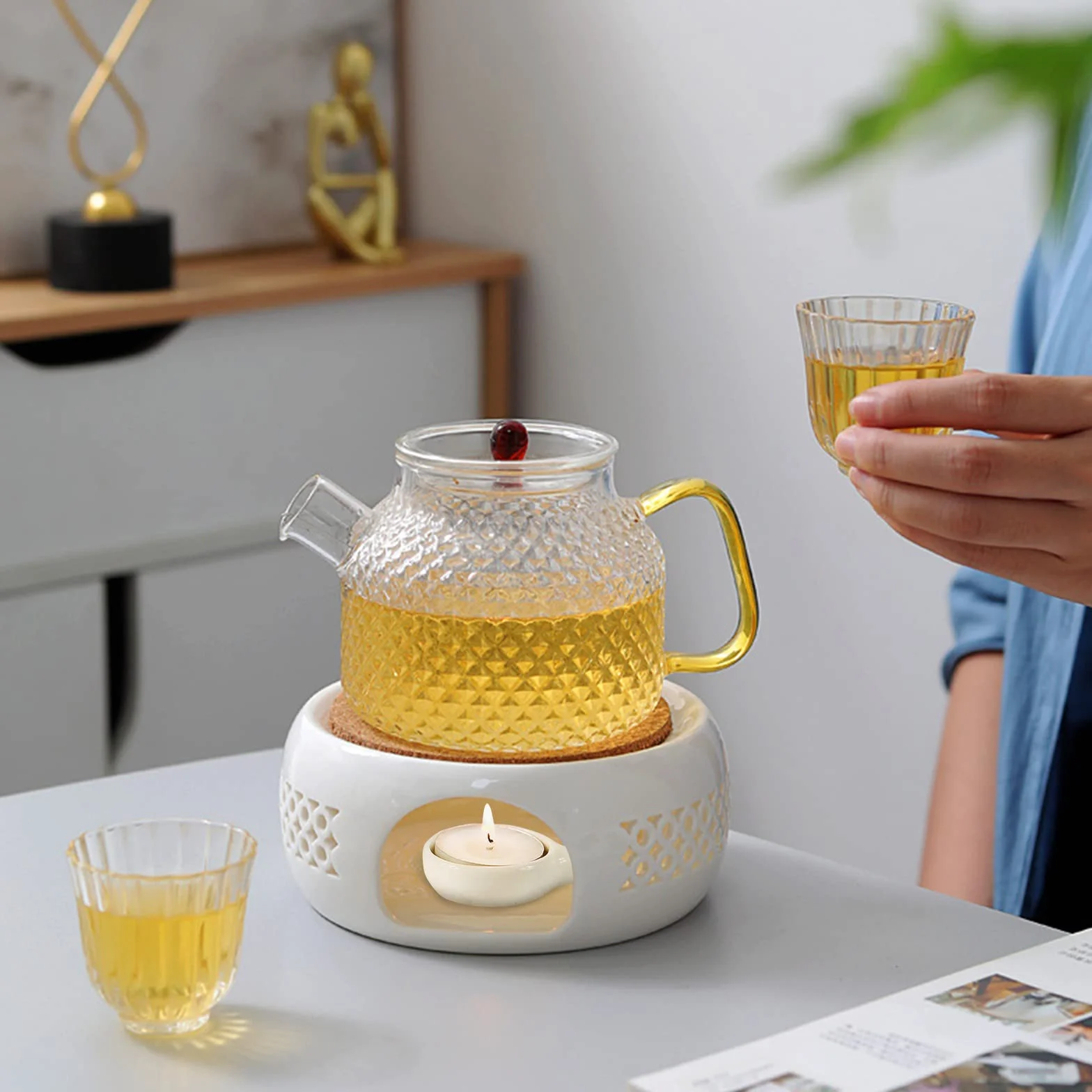 Ceramiczny podgrzewacz do herbaty i kawy, biały porcelanowy dzbanek z korkiem i łyżeczką