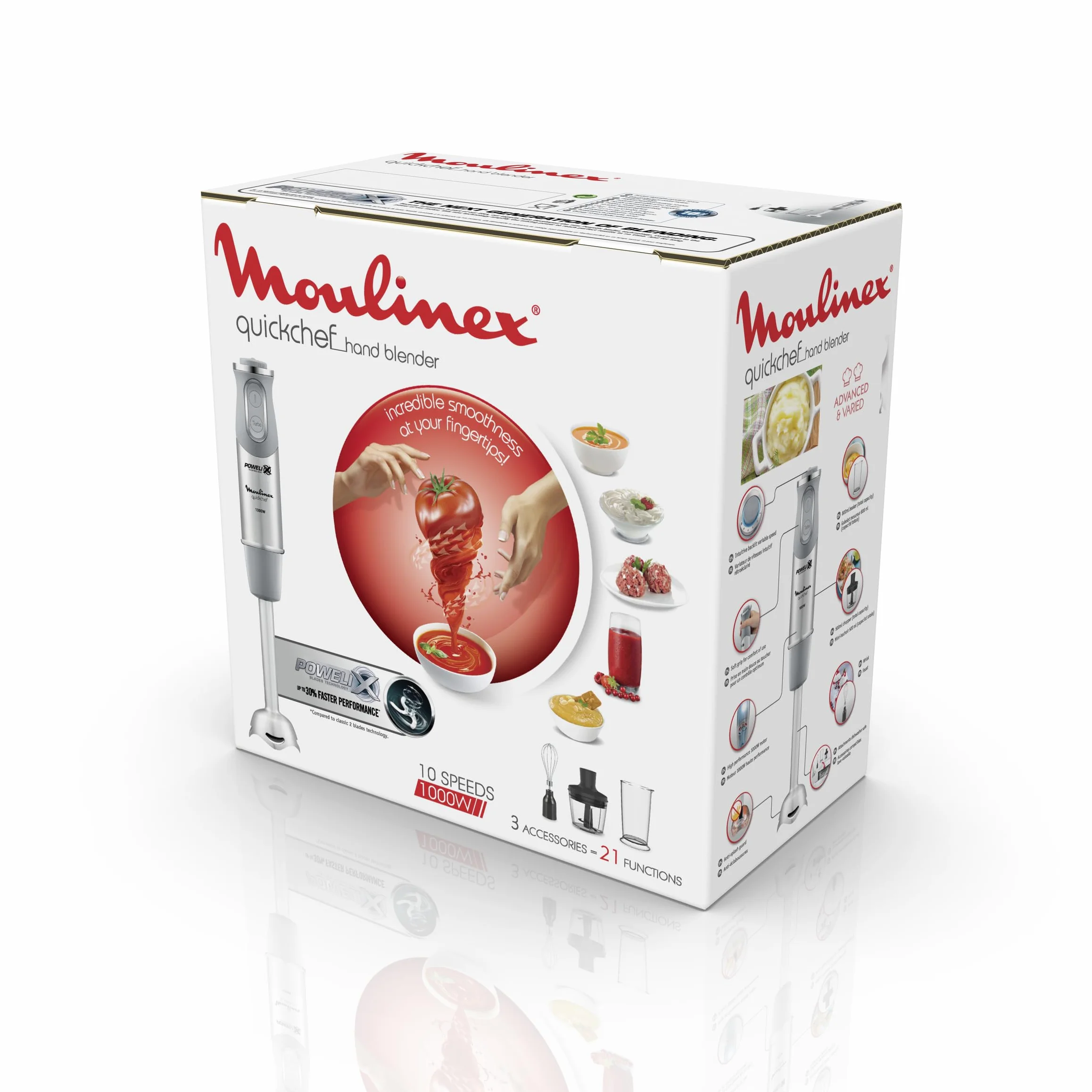 Moulinex Quick chef Quickchef blender ręczny z 3 akcesoriami, stal nierdzewna, 10 prędkości, 1000 W