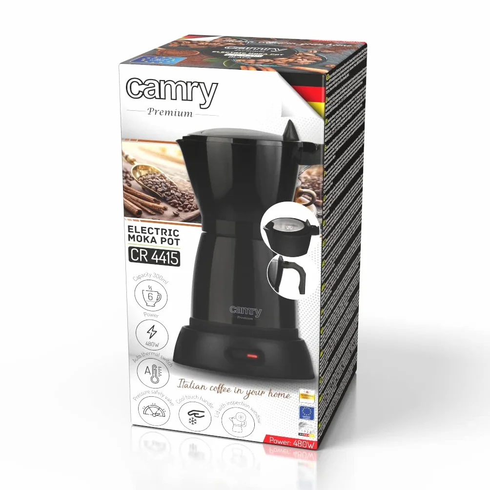 Camry CR4415B Kawiarka Elektryczna Moka 300ml 6 Filiżanek, Obrotowa Podstawa 360°, Aluminium, Automatyczne Wyłączanie, Bezpieczeństwo Termiczne