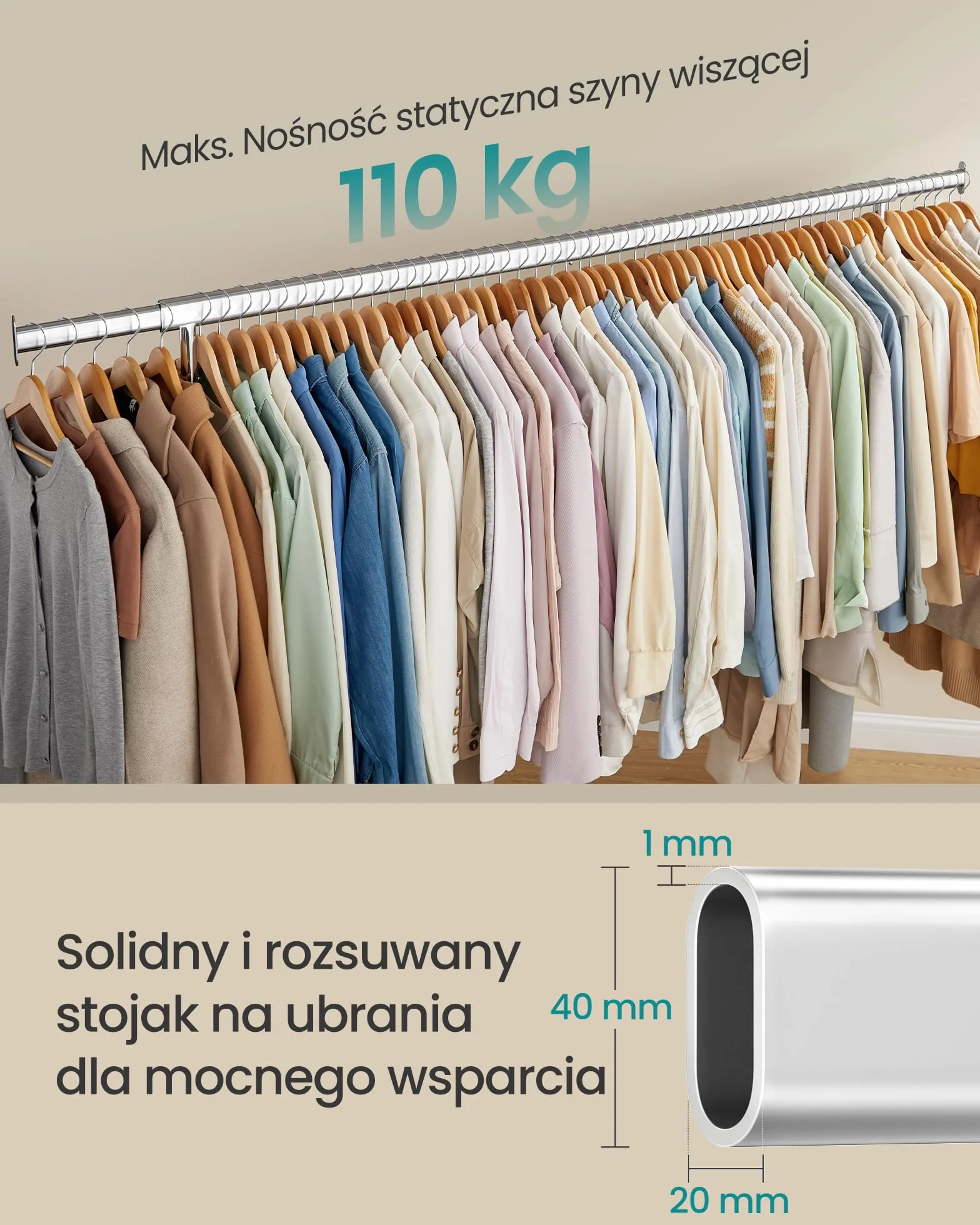 SONGMICS Wieszak na ubrania na kółkach, Wieszak na ubrania, Wytrzymały, Rozsuwany drążek na ubrania, Nośność do 110 kg, 45 x (160-200) x 162,9 cm, Metalowy, Chromowany, Srebrny HSR176E01