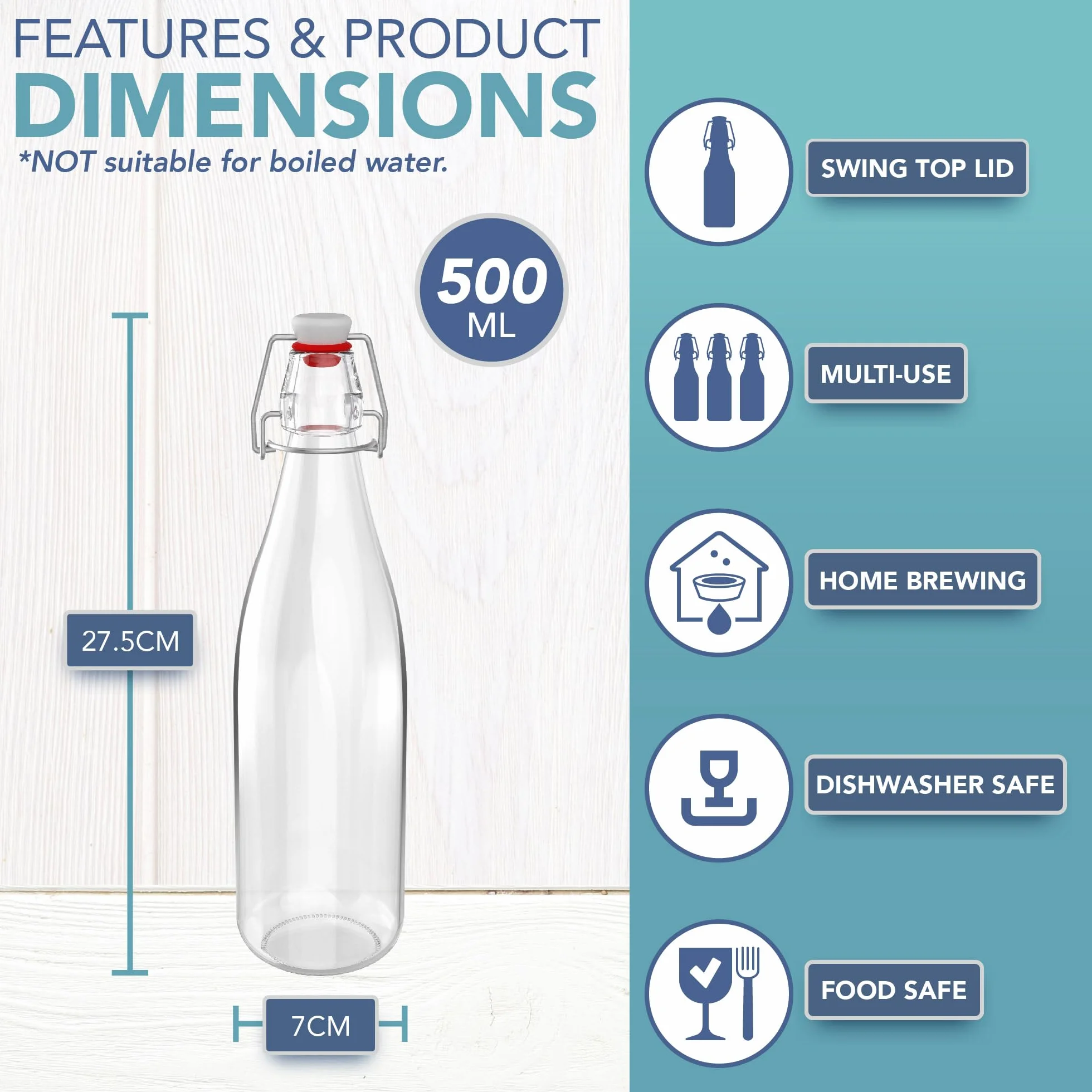 HEFTMAN Szklane butelki z korkami - 500ml 6 sztuk przezroczyste butelki swing top do warzenia piwa z hermetycznymi korkami na wino, przyprawy, napoje, olej, ocet, kombucha i wodę - 6 SZT (500ml)