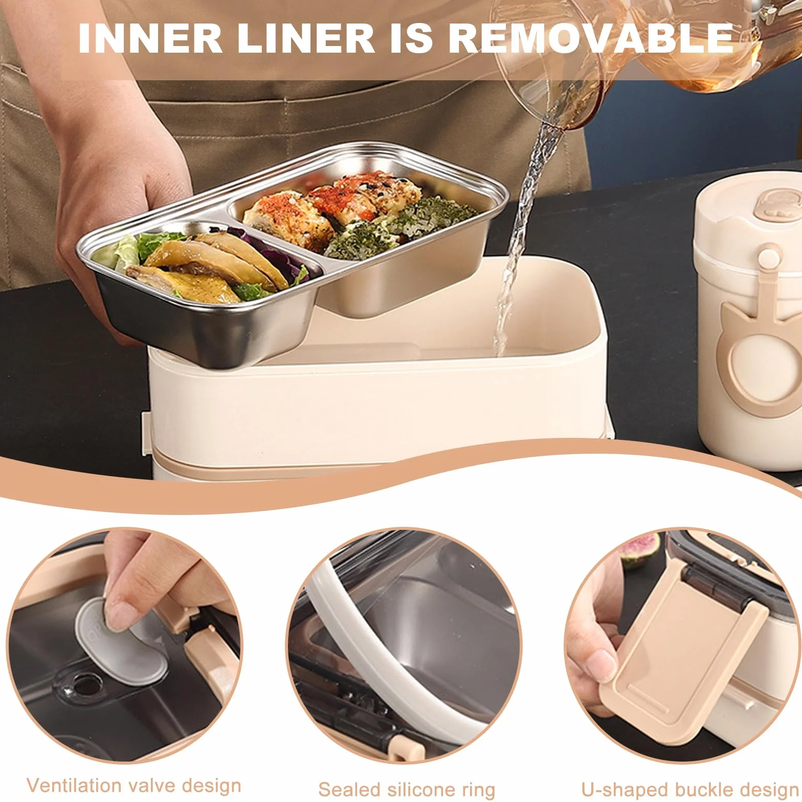 Pudełko Bento Box, 2 poziome, z przegródkami, 1400 ml, ze stali nierdzewnej, hermetyczne, nie zawiera BPA, z zestawem sztućców