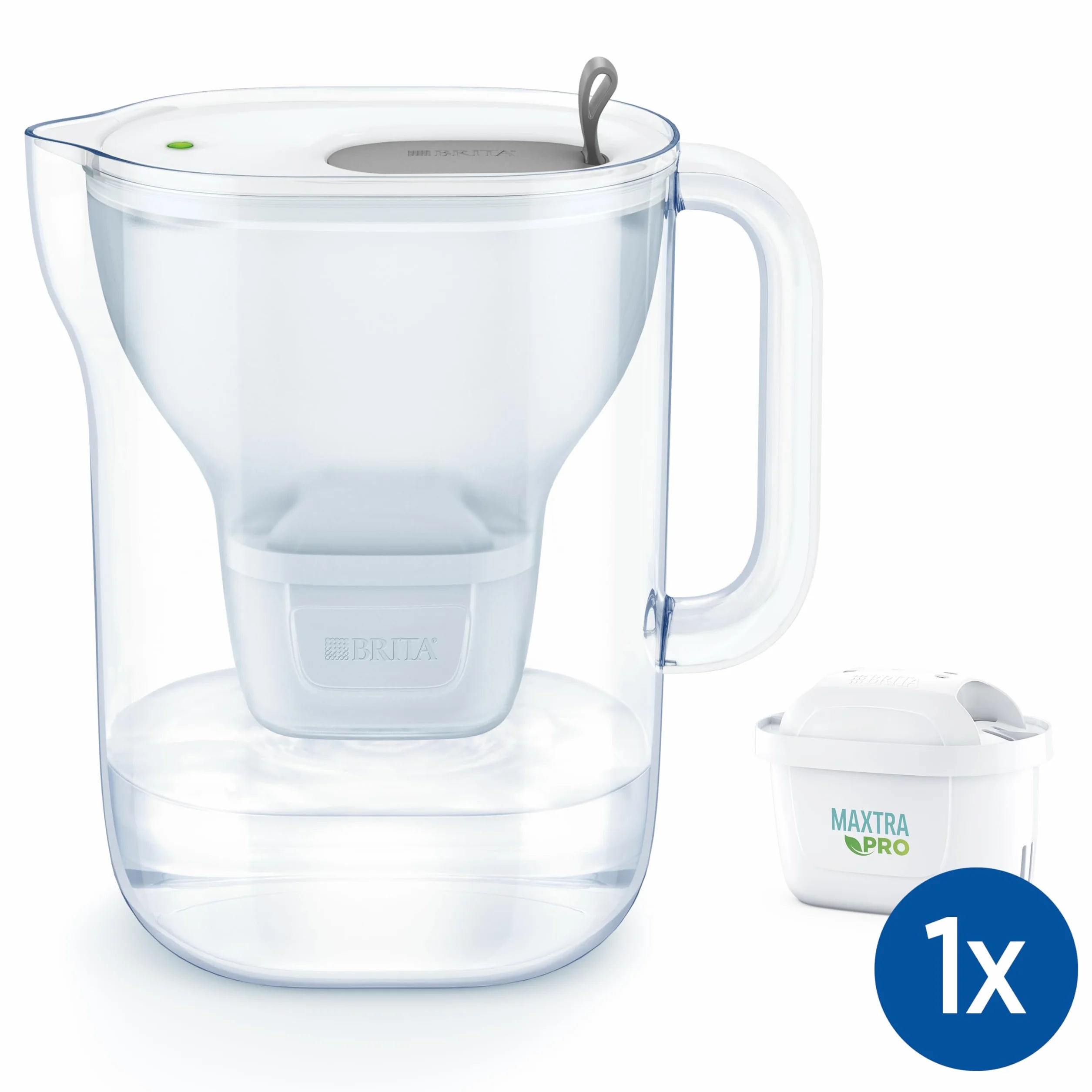 BRITA Dzbanek filtrujący Style XL szary (3.6L) zawiera 1 filtr MAXTRA PRO Pure Performance - duża pojemność, uchylna klapka, wskaźnik LED, filtr redukuje chlor, kamień i zanieczyszczenia