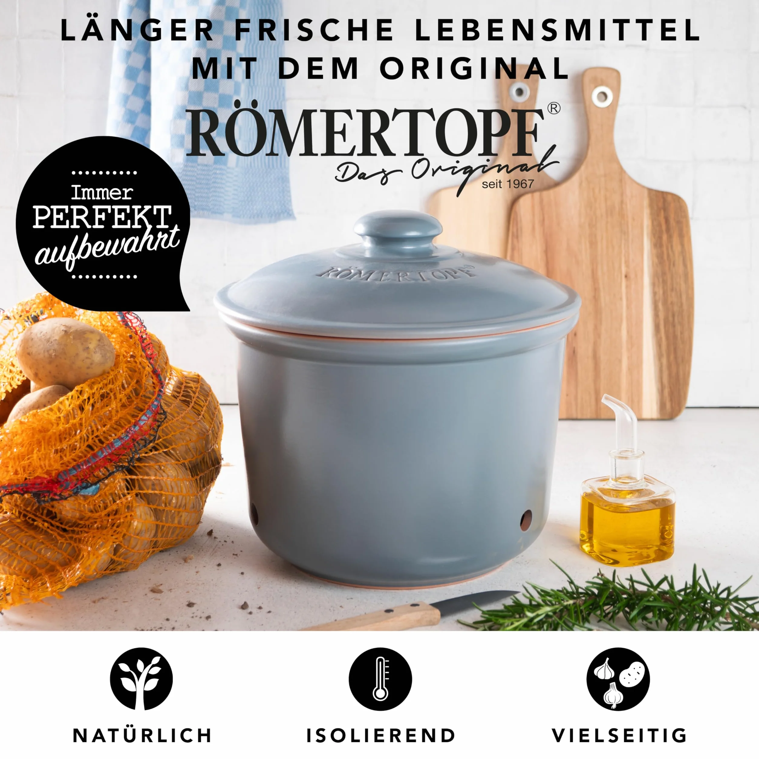 Römertopf pojemnik na zapasy Maxi plus świeży garnek z naturalnej gliny zapewnia długi okres przydatności do spożycia żywności, takiej jak np. ziemniaki, Ø 26,0 cm, niebiesko-szary