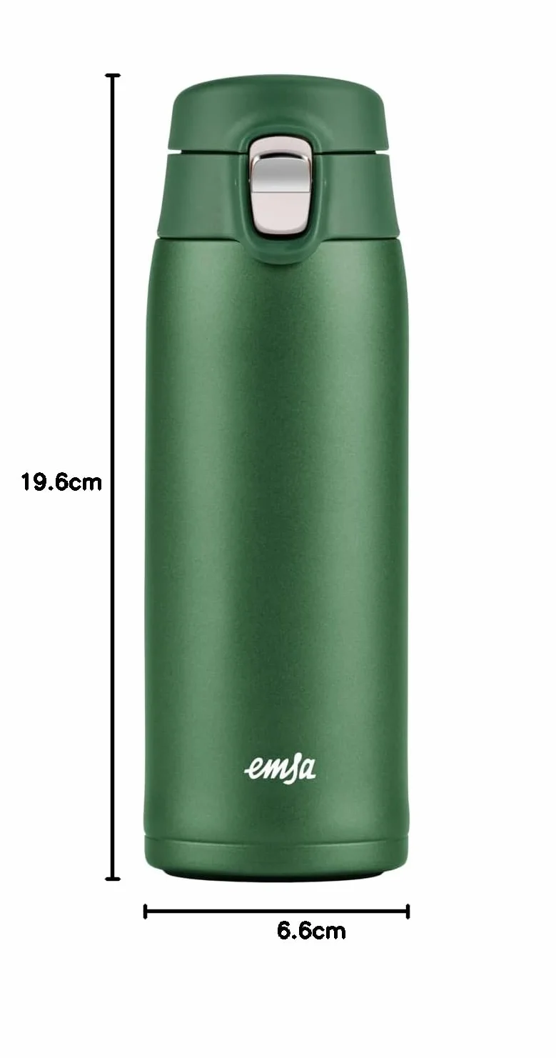 Emsa N21519 Travel Mug Light kubek termiczny, pojemność: 0,4 l, bardzo smukły format, lekki, stal nierdzewna, system zamykania, 100% szczelności, 8 h gorący/zimny przez 16 h, bez BPA, zielony