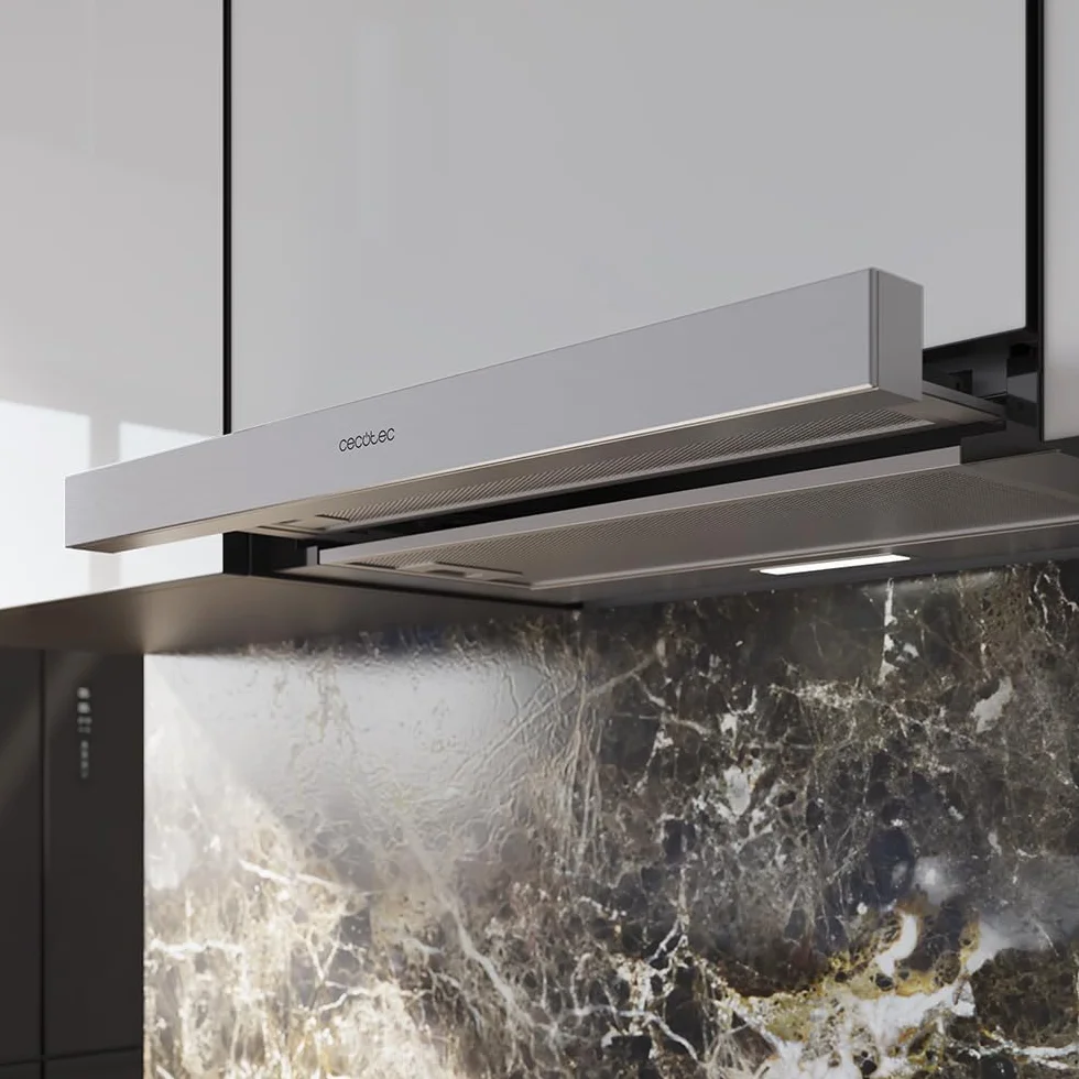 Cecotec Okap Teleskopowy 60cm Bolero Flux TLM 606500 Inox A. Silnik 165W, moc ssania 650m3/h, sterowanie mechaniczne, 2 poziomy mocy, światło i filtr węglowy, wykończenie Inox