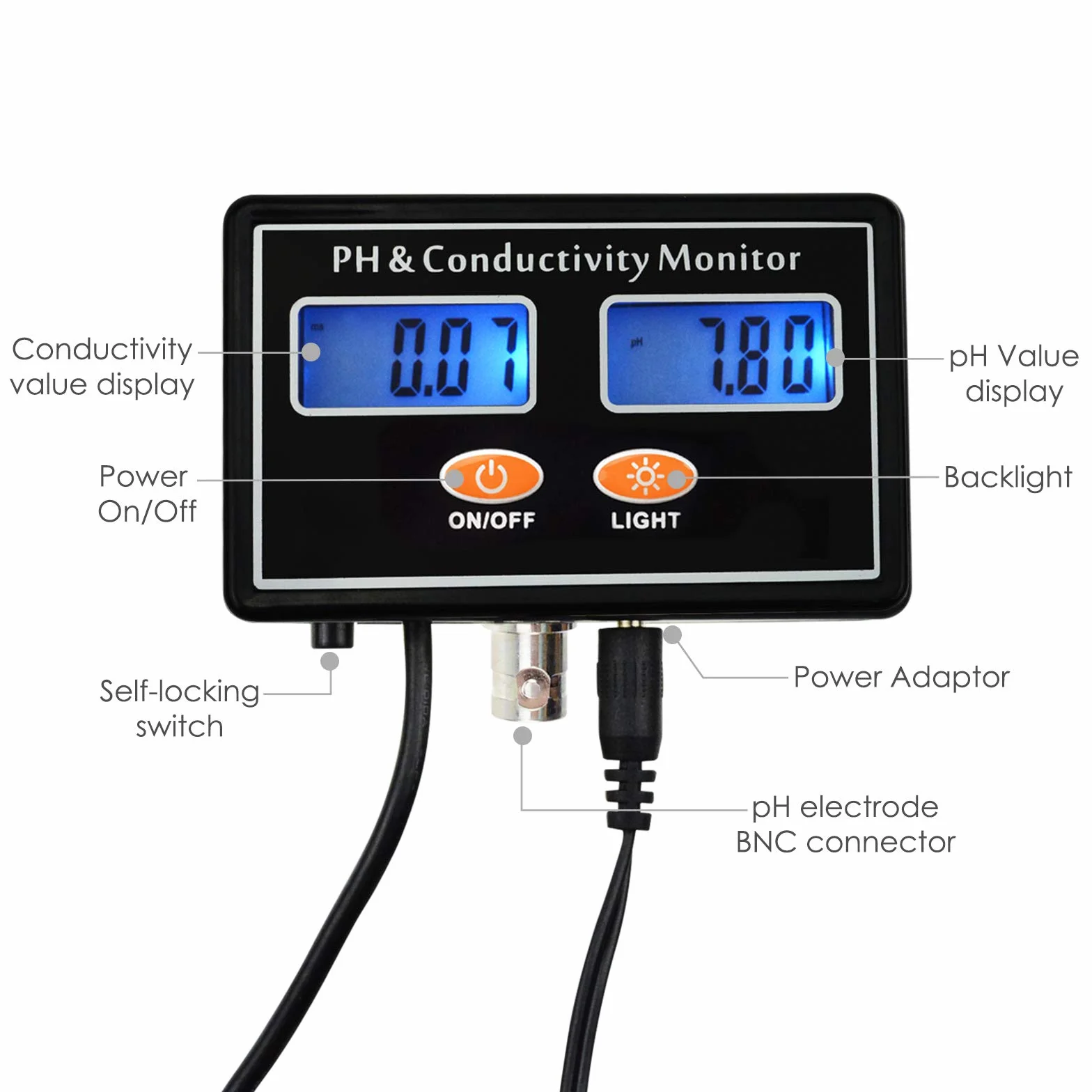 PH EC Przewodność Monitor Podświetlenie ATC Jakość wody Ciągłe monitorowanie w czasie rzeczywistym Pomiar Akumulator 0,00~14,00pH / 0~19,99m S/cm Akwakultura Akwarium Stad Hydroponic