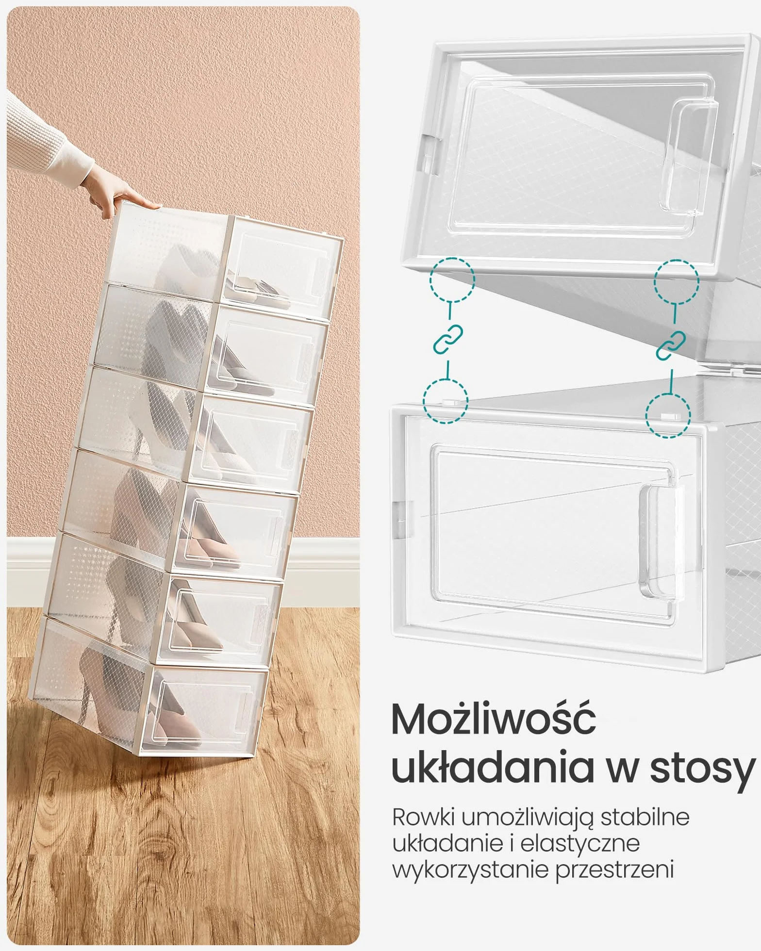 SONGMICS Pudełka na buty zestaw 12 sztuk organizer plastikowe składane układane w stosy do rozmiaru 44 przezroczysty-biały LSP12SWT