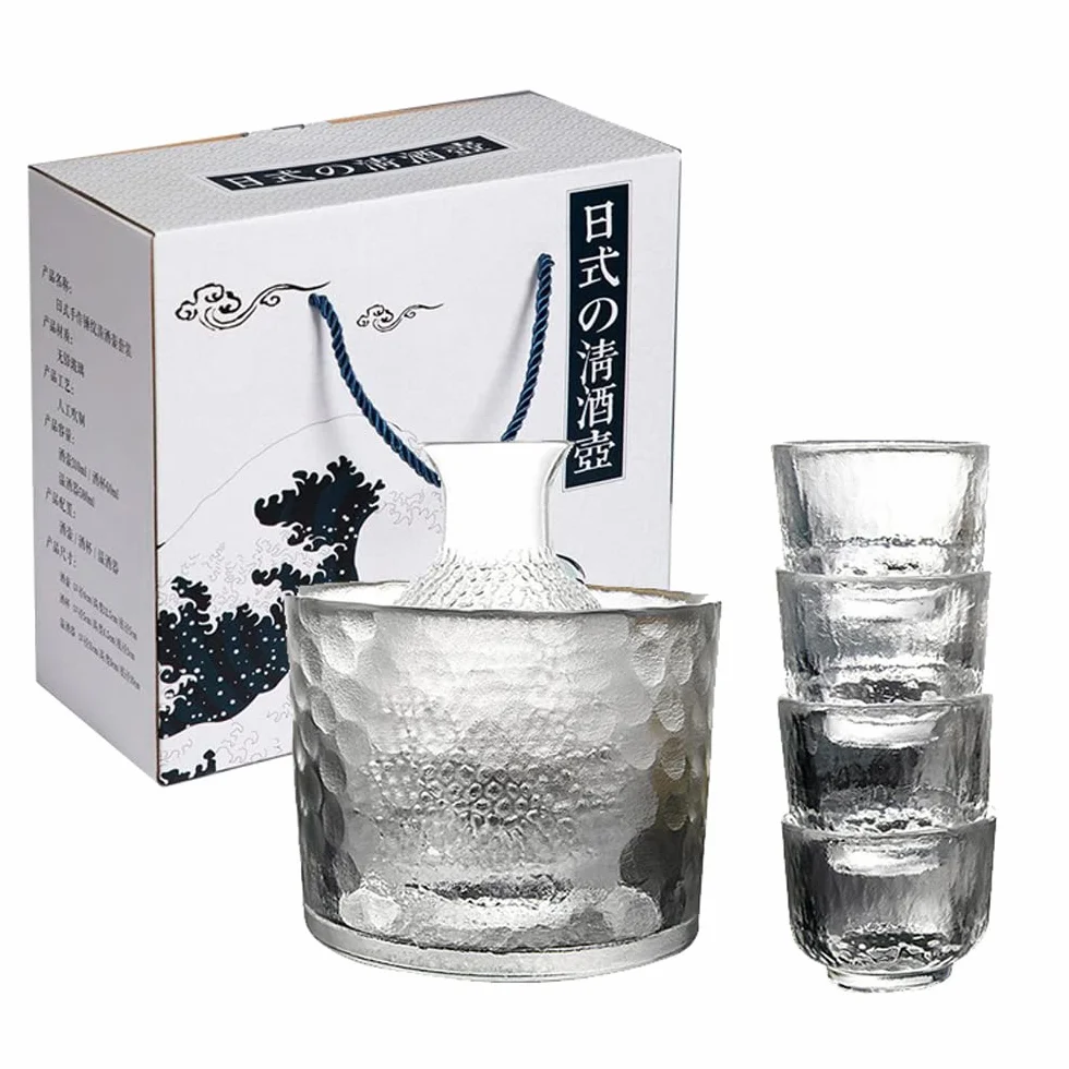 Zestaw 6 sztuk szkła Sake, butelka Sake 300 ml i 4 kubki do sake, zestaw kieliszków do wina do serwisu gorącego/zimnego sake, japoński szklany zestaw sake