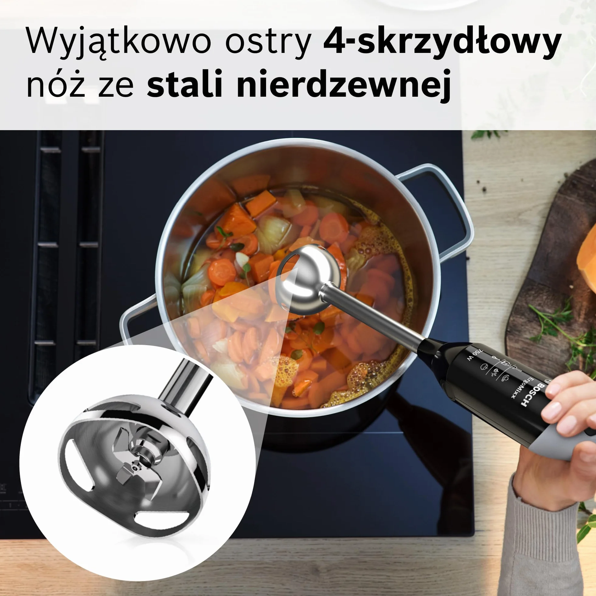 Bosch, blender ręczny, ErgoMixx, silnik 750 W, 12 prędkości i funkcja turbo, rozdrabniacz, trzepaczka i pojemnik, czarny, MSM67160