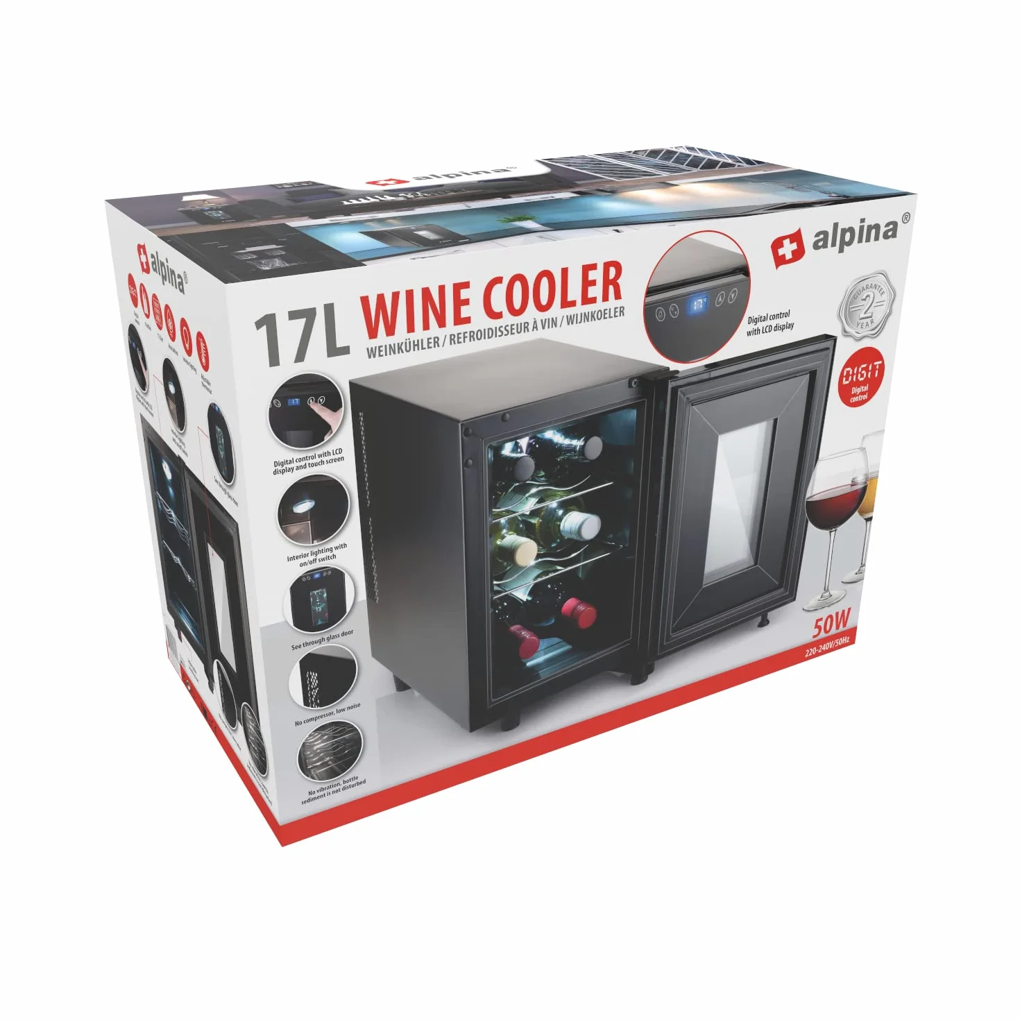 alpina Chłodziarka na wino 18 l – chłodziarka do wina na 6 butelek – chłodziarka do butelek 230 V – regulacja temperatury od 11°C do 18°C – szklane drzwi i oświetlenie wewnętrzne – cicha praca –