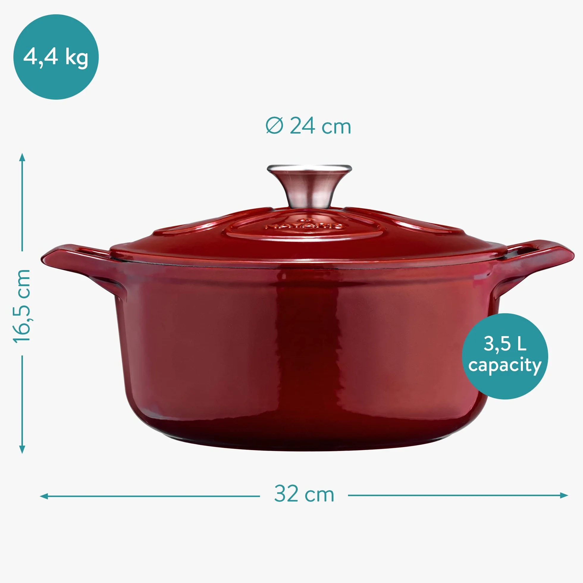 Navaris żeliwny garnek do pieczenia, garnek do gotowania, 3,5 l, Ø 24 cm, emaliowany, odporny na temperaturę, gotowanie wszystkich potraw na wszystkich powierzchniach do gotowania, możliwość mycia w zmywarce