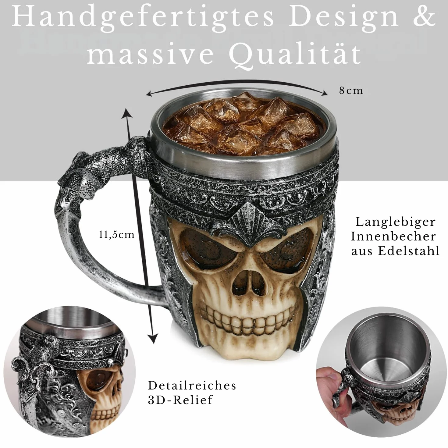 Kubek premium 3D z czaszką ze stali nierdzewnej do napojów takich jak kawa, herbata, cappuccino, piwo | Kubek z głową czaszki Wikingów z designem szkieletu czaszki (1)