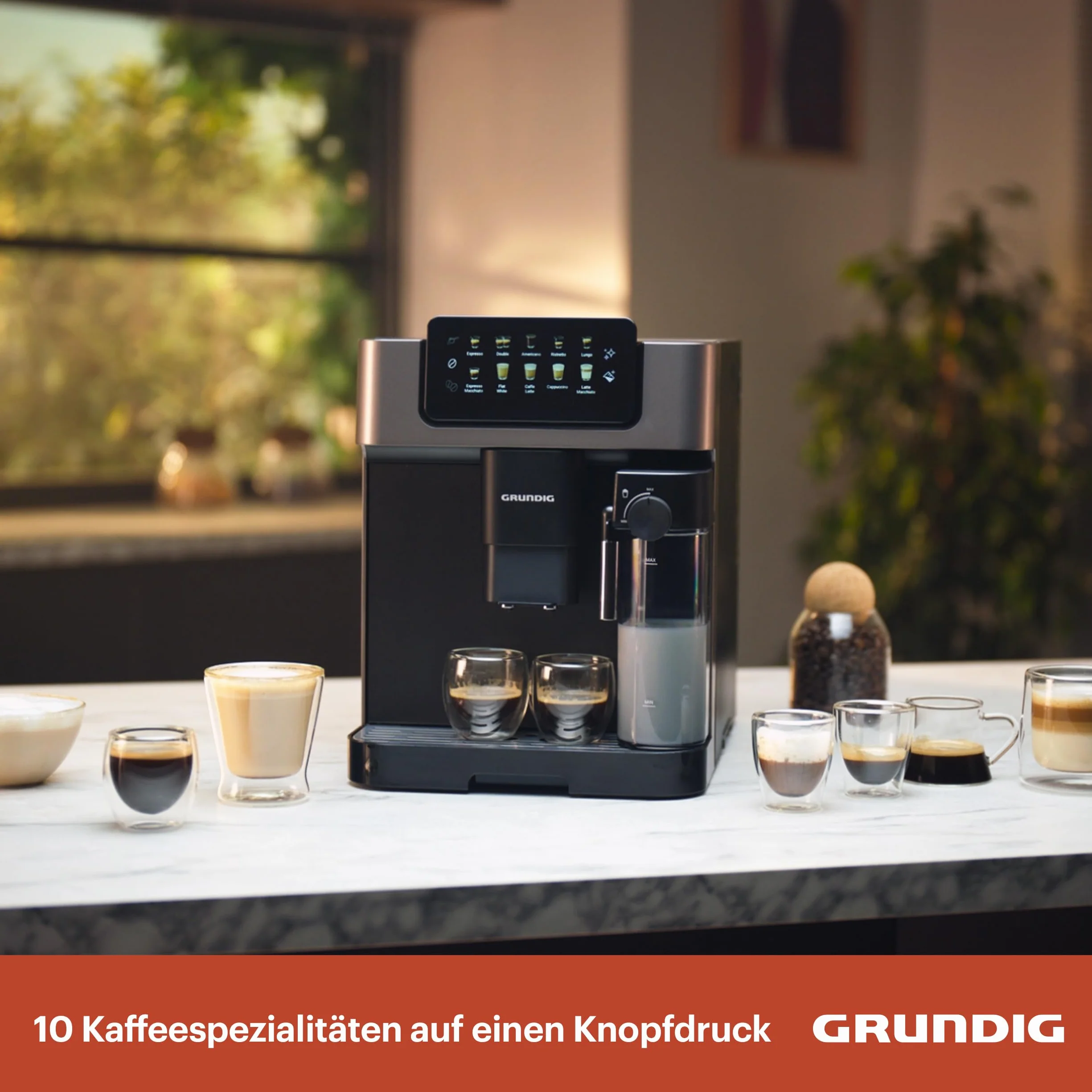 Grundig KVA 7230 ekspres do kawy, 10 specjałów do kawy, 13 stopni mielenia, pojemnik na mleko, wydajny 1350 W, ciśnienie pompy 19 bar, podwójna dysza, oświetlenie, czarny/ciemny srebrny