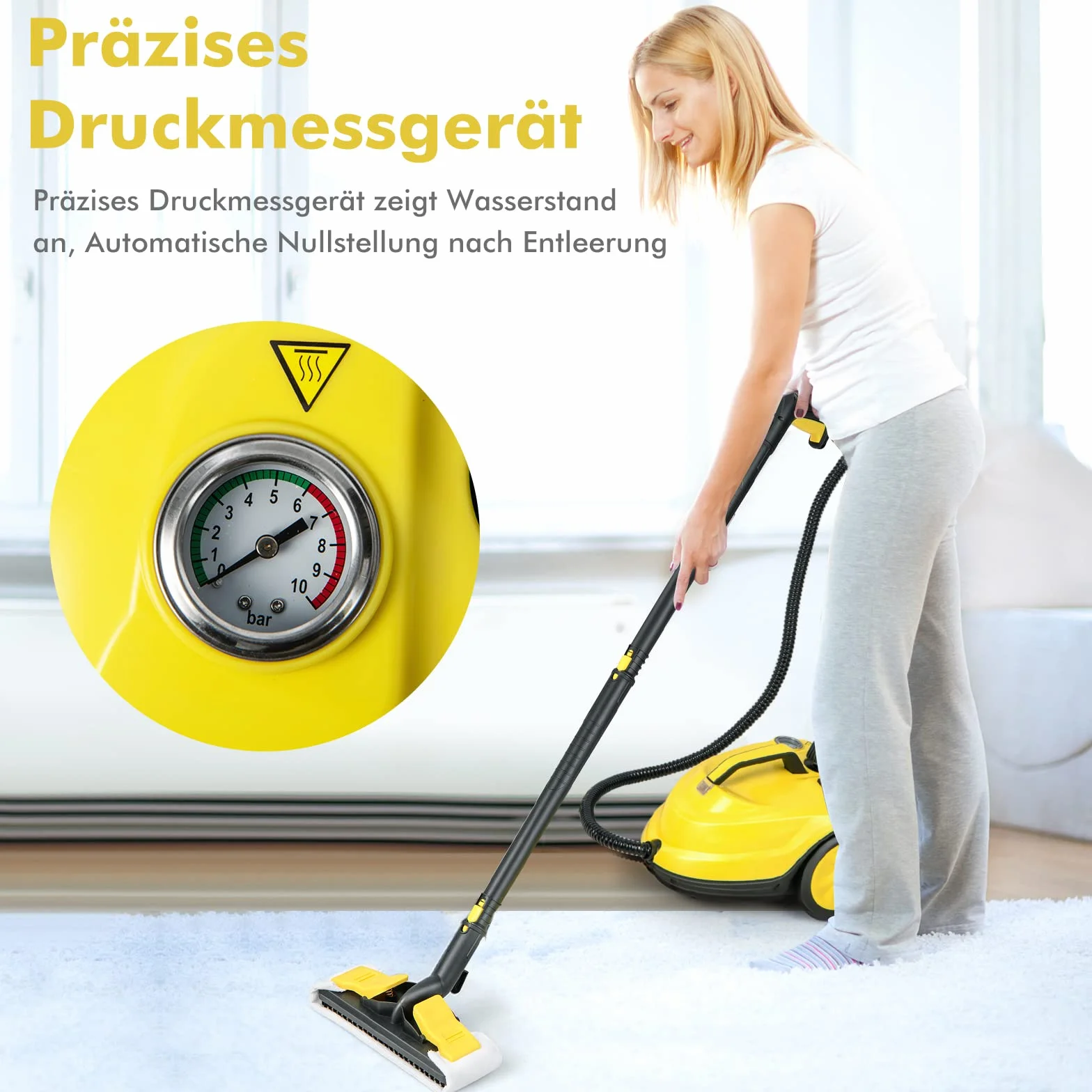 GOPLUS Myjka parowa 2000 W, maszyna do czyszczenia o pojemności wody 1,8 l z 15 akcesoriami, miotła parowa do dywanów, sof, szkła i trudnych plam (żółty)