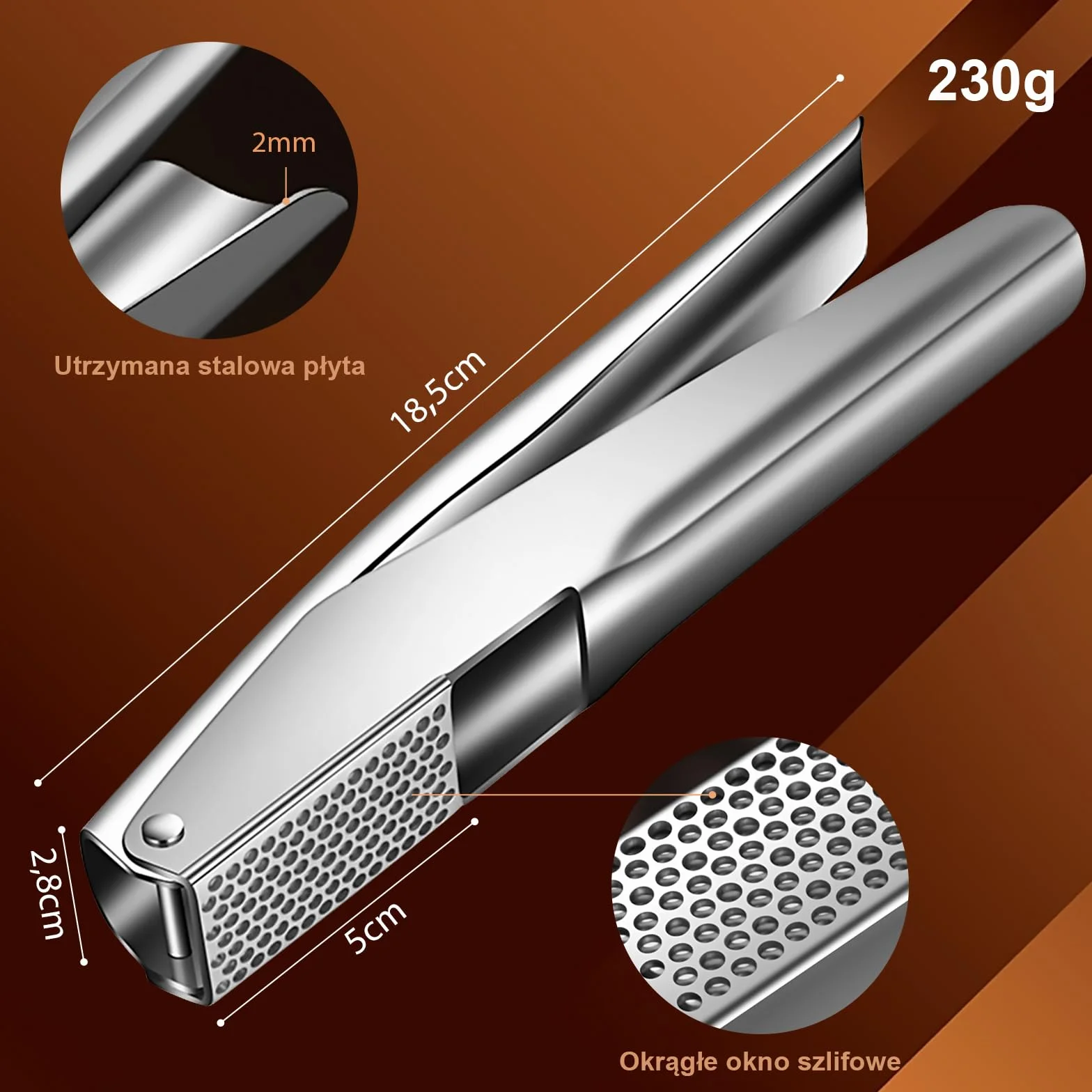 Praska do czosnku ze stali nierdzewnej 304, ergonomiczne uchwyty, komora 5 cm, można myć w zmywarce