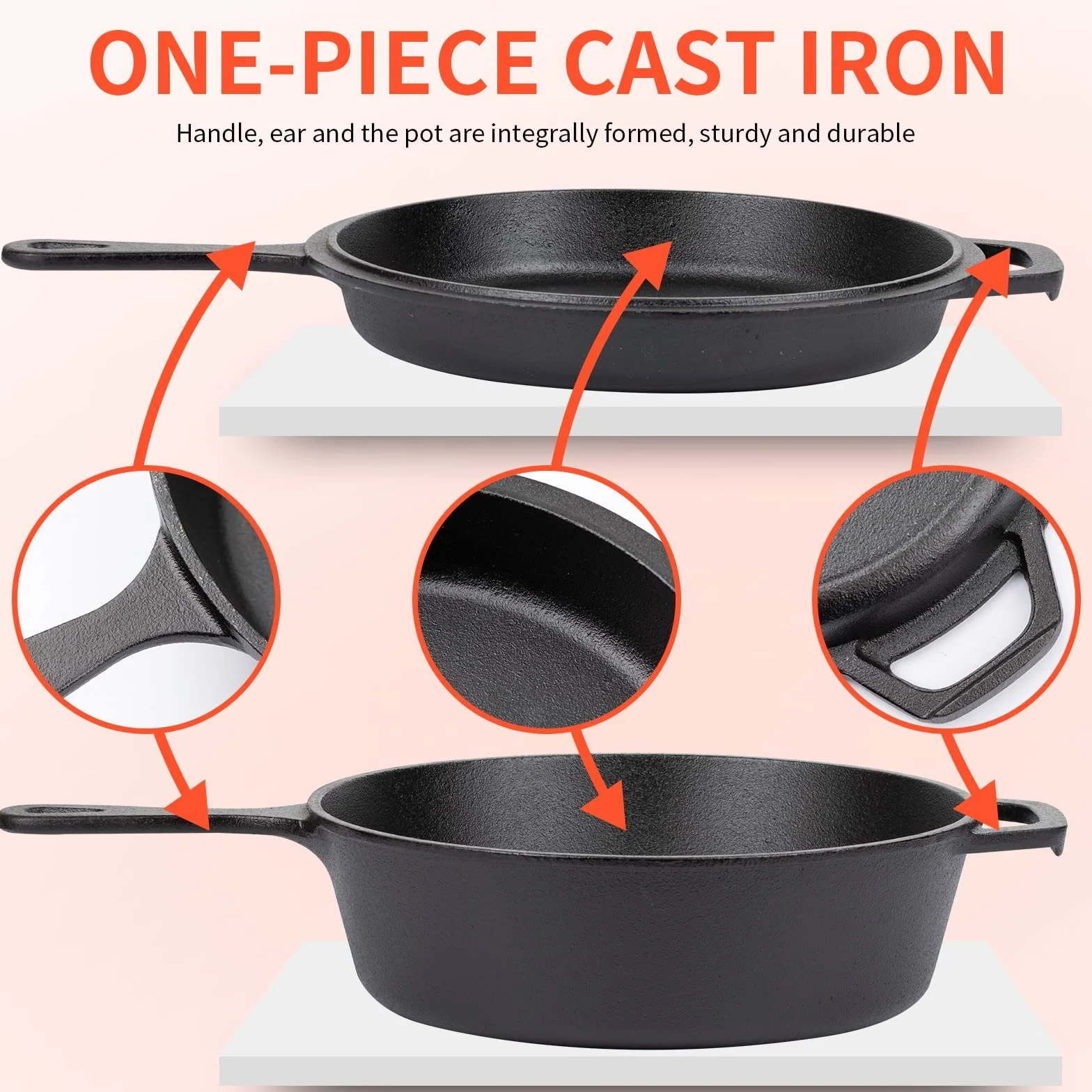 Overmont żeliwny garnek typu Dutch Oven 2 w 1 z pokrywką z funkcją patelni 3 I, garnek żeliwny + 1,4 I pokrywka jako patelnia, gotowy do użycia, z długim uchwytem, do kuchni, na kemping, do ogrodu, BBQ, pieczenia, model: OV009