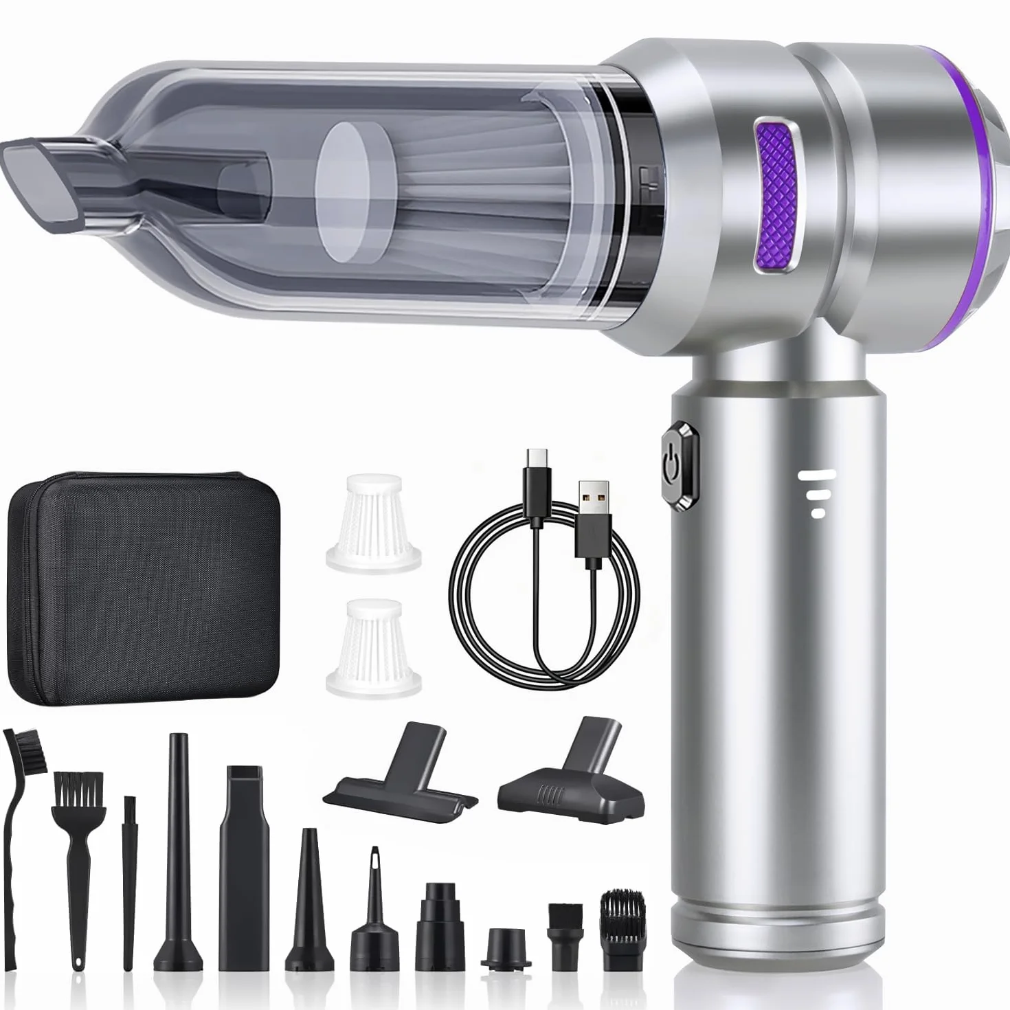 Bezprzewodowy Odkurzacz Ręczny, 26000PA Odkurzacz Samochodowy Ładowanie USB, 3 Poziomy + 4 Zmywalny Filtr i Akcesoria mini bezprzewodowy odkurzacz Przenośny Do Samochodu, Domu (srebrno-fioletowy)