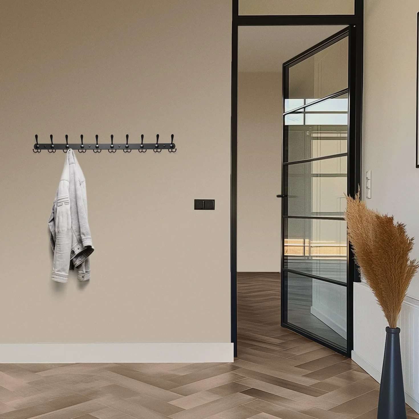 TOJ Living wieszak ścienny – 95 cm – 30 haczyków – wieszaki na ubrania – haczyki do garderoby – wieszaki ścienne na ubrania – czarna garderoba ścienna – drążek do garderoby montowany na ścianie