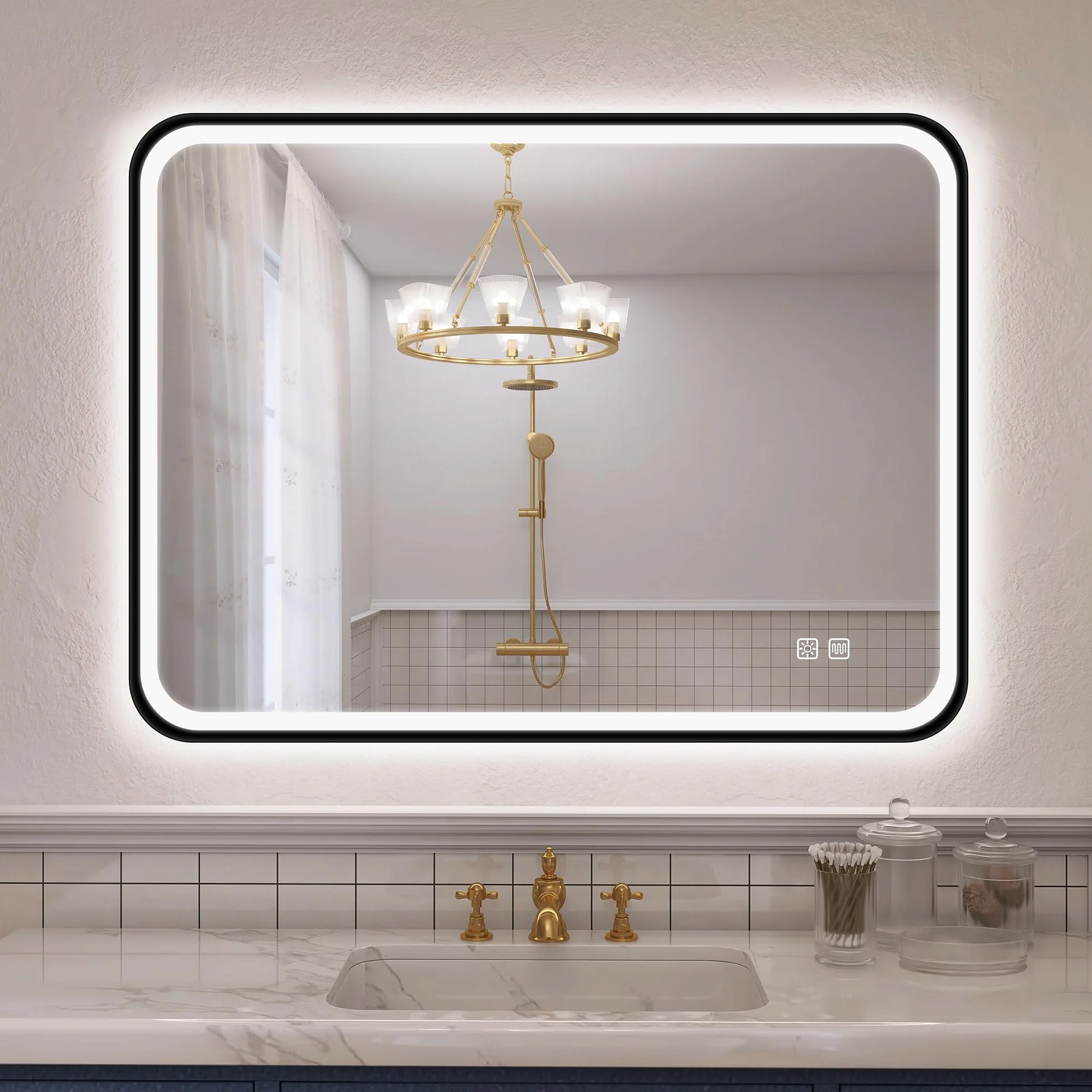 S'bagno Lustro łazienkowe ze światłem 80 x 60 cm, lustro łazienkowe LED z aluminiową ramą, Anti-Fog, 3000-6500K, funkcja pamięci, wodoodporna IP44, pozioma/pionowa, czarna