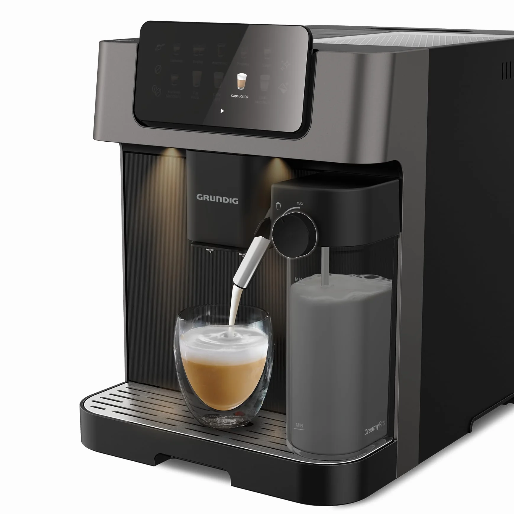 Grundig KVA 7230 ekspres do kawy, 10 specjałów do kawy, 13 stopni mielenia, pojemnik na mleko, wydajny 1350 W, ciśnienie pompy 19 bar, podwójna dysza, oświetlenie, czarny/ciemny srebrny