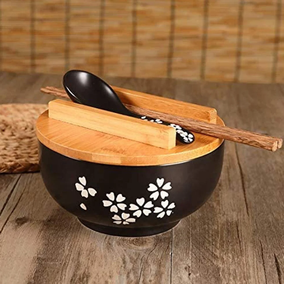 1000 ml ceramiczna miska na makaron z łyżeczką, miska z podkładką z pokrywką, miska na błyskawiczny makaron, miska na zupę koreańską, miska na ryż, zestaw sztućców
