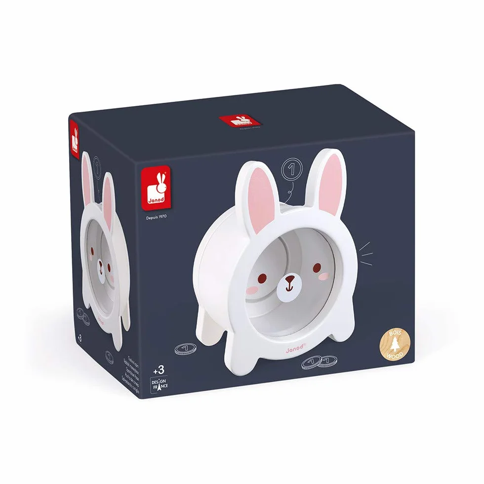 Janod - Rabbit Wooden Children’s Money Box 5.9 inch - See-Through Side and Magnetic Opening - Children's Room Decoration - Suitable for Ages 3 and Up, J04654