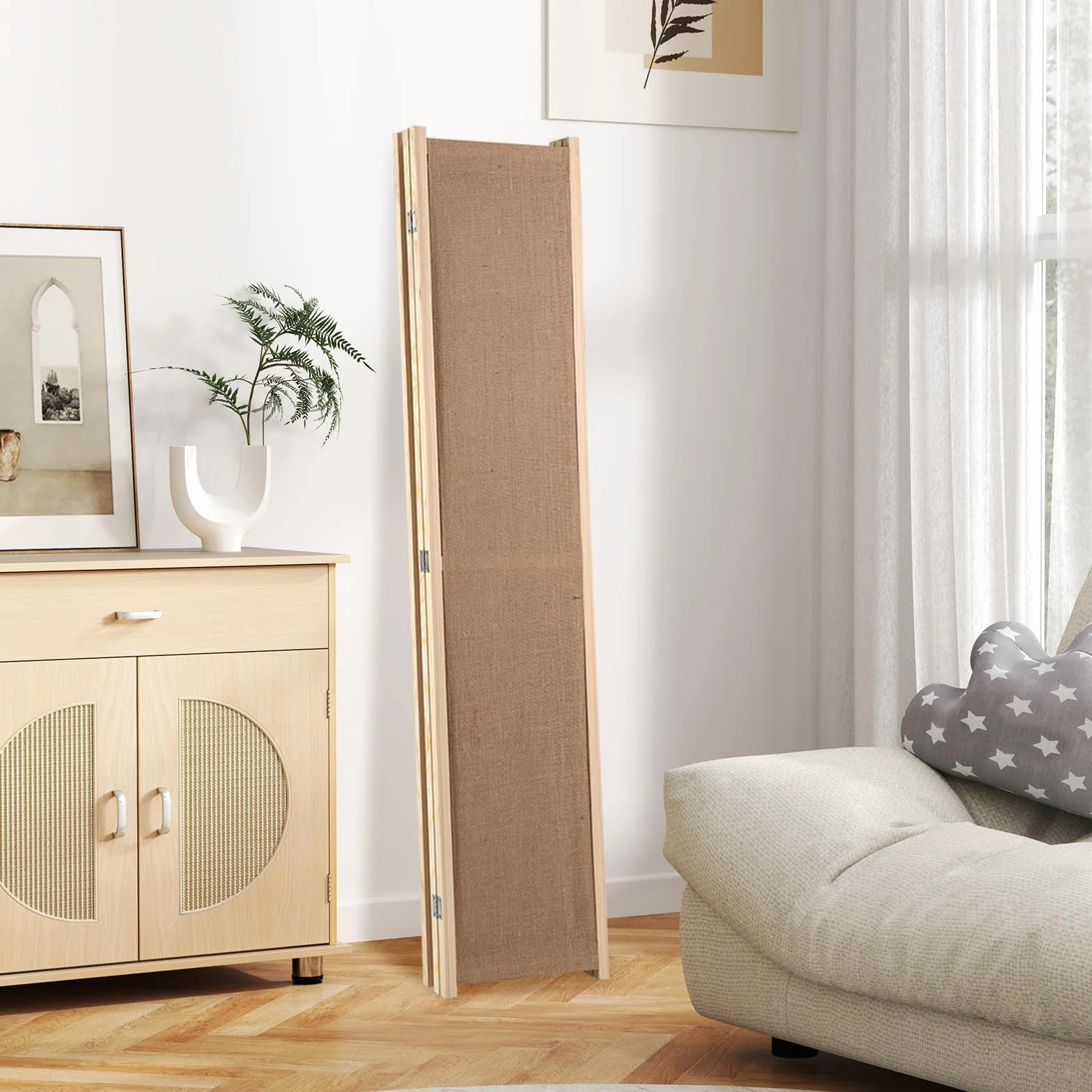 COSTWAY Parawan 170 x 121 cm, ścianka działowa z 2 haczykami, 1 duża i 3 małe torby do przechowywania, 3-częściowa ścianka działowa składana, wygląd lnu, drewniana rama, ochrona przed wzrokiem do