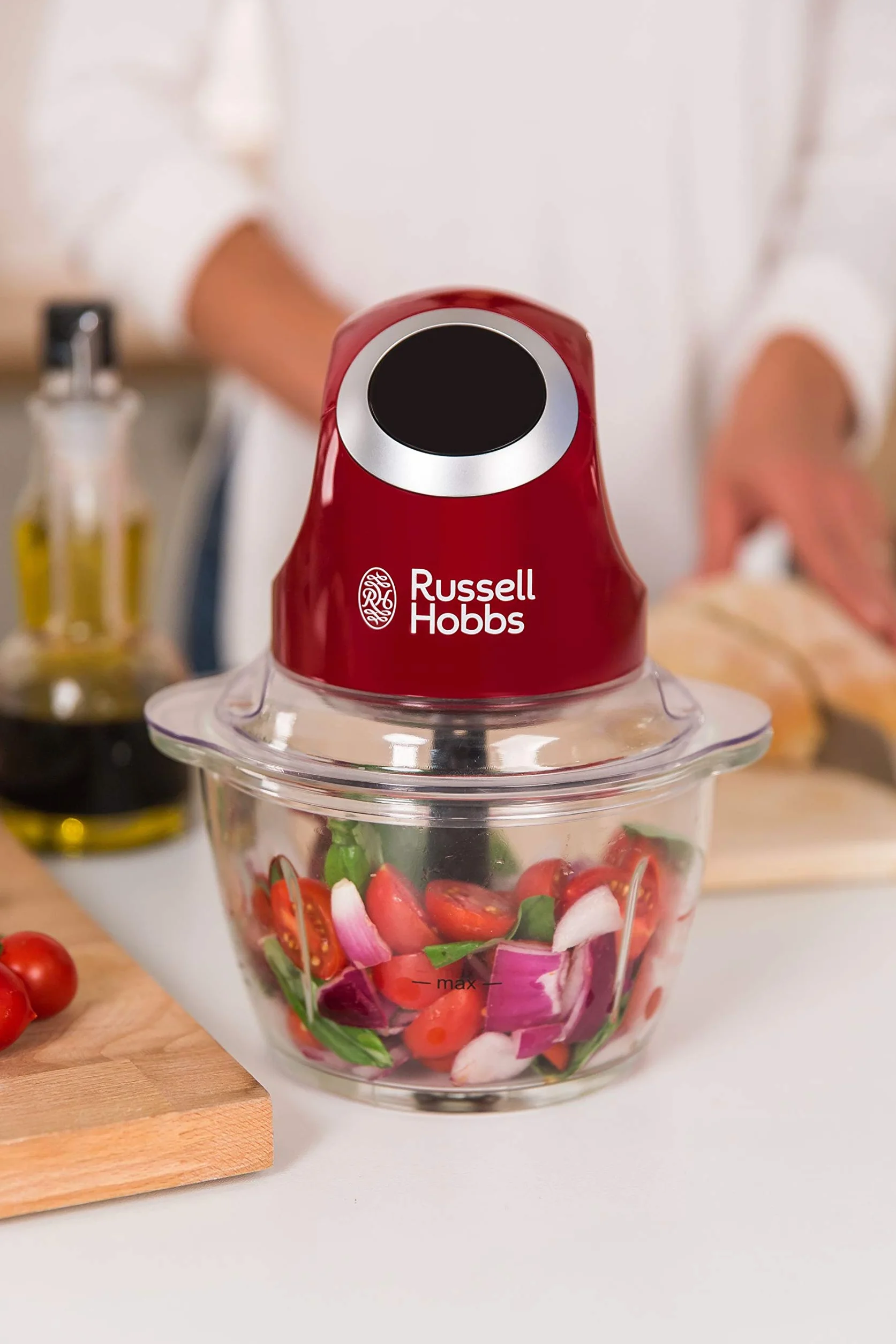 Russell Hobbs rozdrabniacz do warzyw, funkcja rozdrabniania, dwuskrzydłowe ostrza, ostrza ze stali nierdzewnej, szklany pojemnik, pojemność 0,5l, moc 200W, czerwony, Desire 24660-56