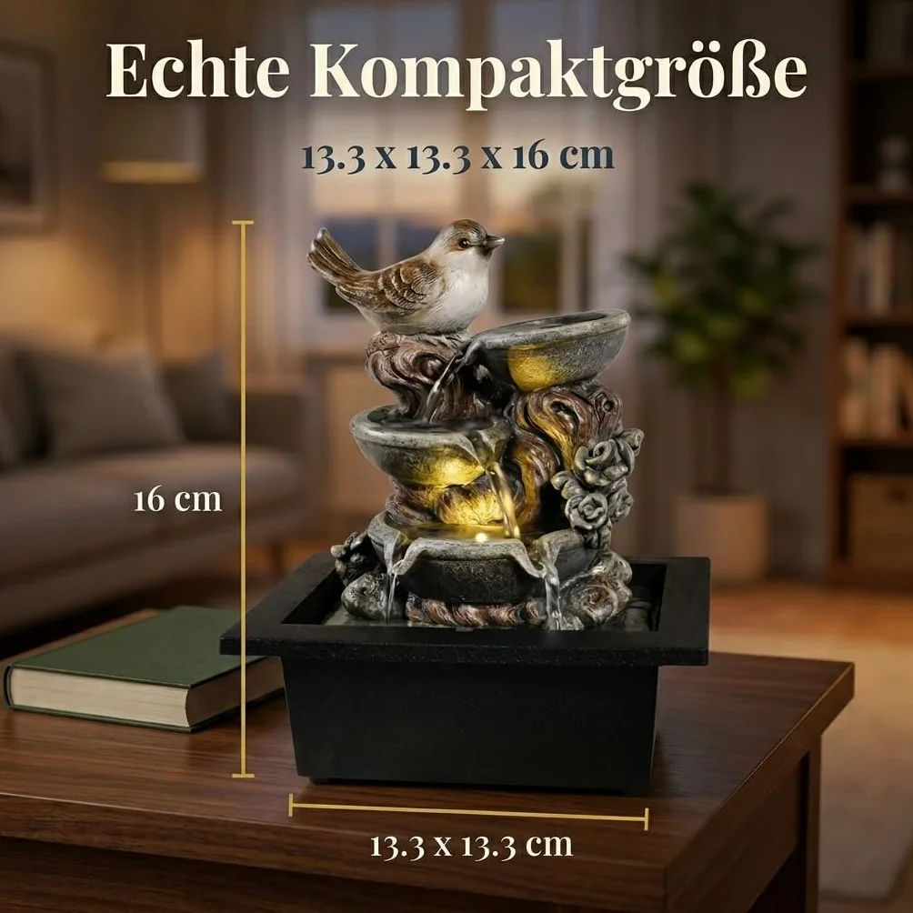 MIJOMA Fontanna pokojowa LED, żywica poliestrowa/tworzywo sztuczne, ciepłe białe oświetlenie, uspokajający hałas wody, transformator 12 V, idealna do stylowej oazy dobrego samopoczucia (źródło