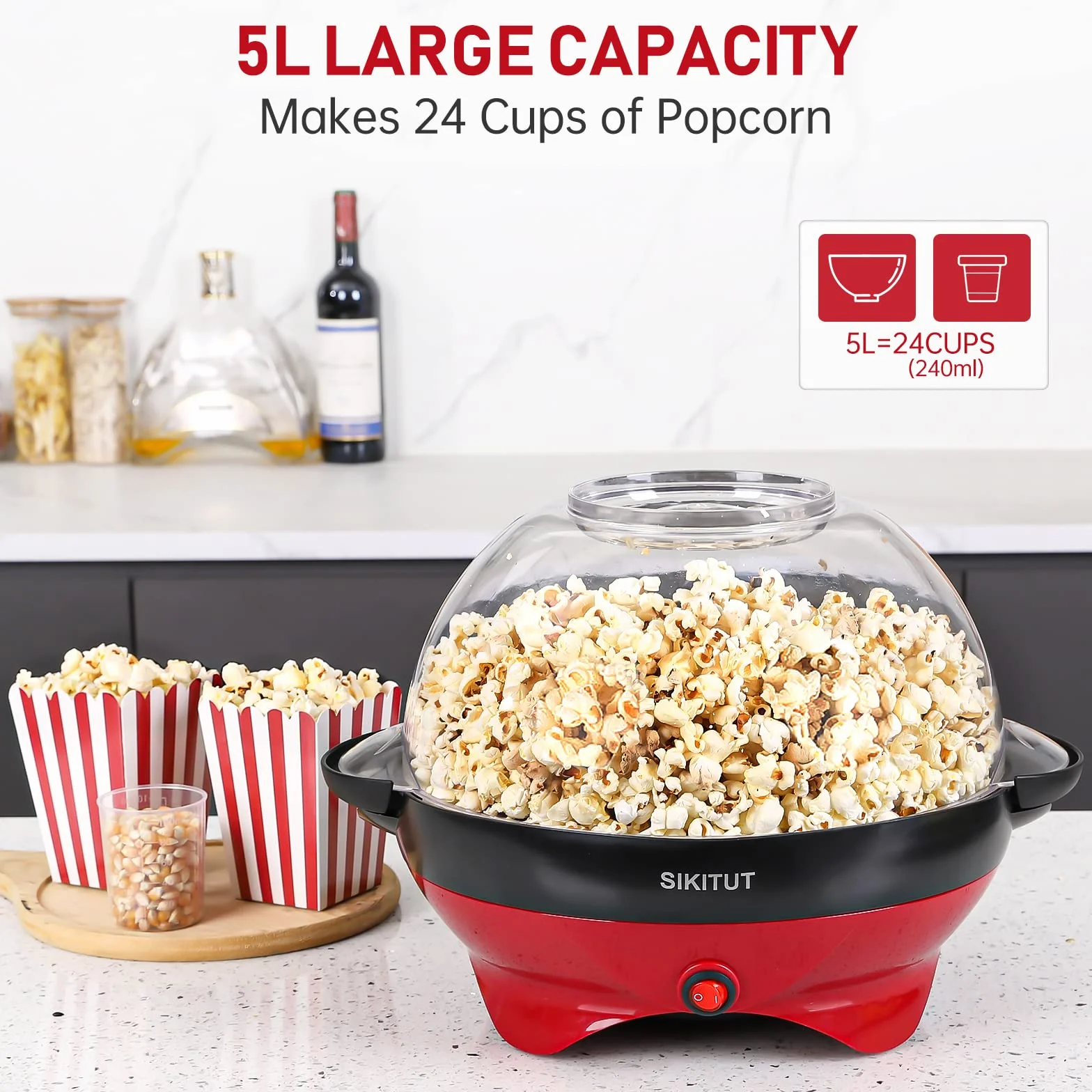 Maszyna do robienia popcornu, domowa maszyna do popcornu z powłoką zapobiegającą przywieraniu i zdejmowaną powierzchnią grzewczą, 5 l, z uchwytami Cool-Touch, dwa kubki pomiarowe, tworzywo