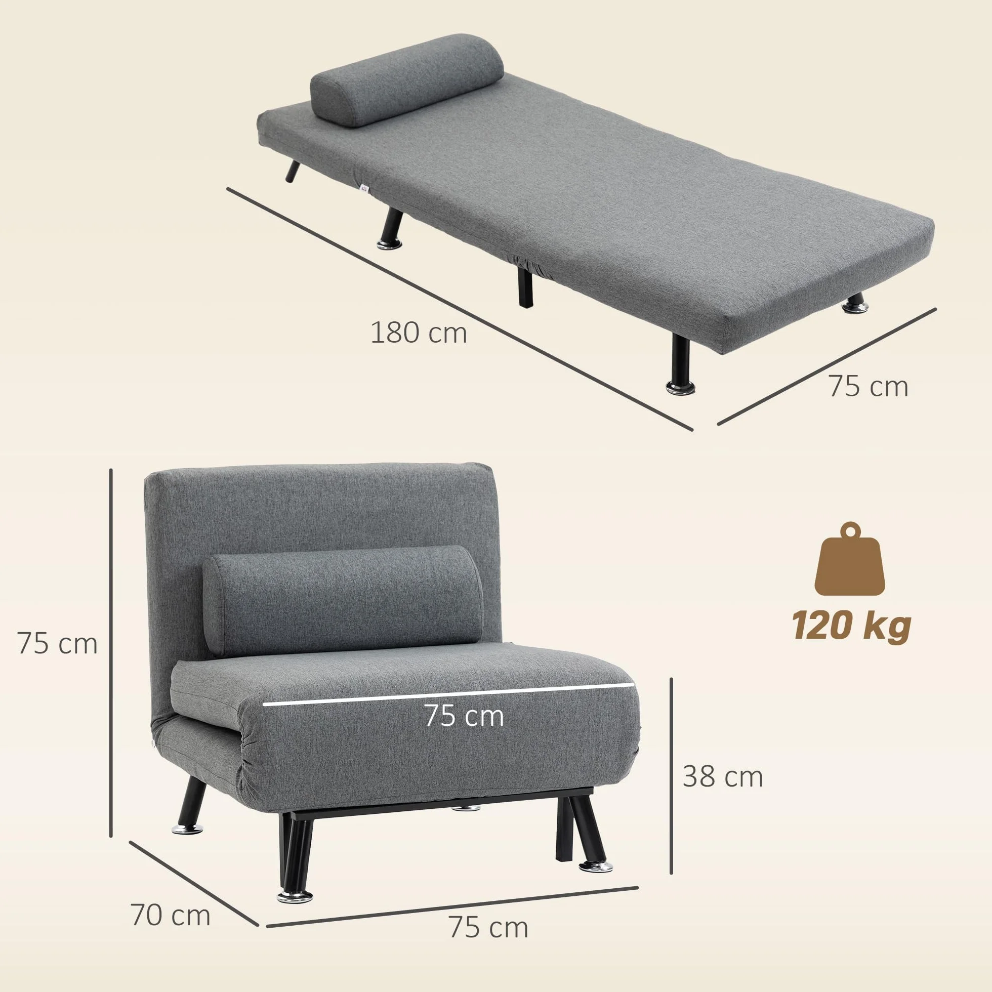HOMCOM Fotel do spania 3 w 1, składany, z funkcją łóżka, regulowane oparcie, poduszka dla gości, obciążenie do 150 kg, fotel relaksacyjny, składany fotel do salonu, sypialni, 75 x 70 x 75 cm