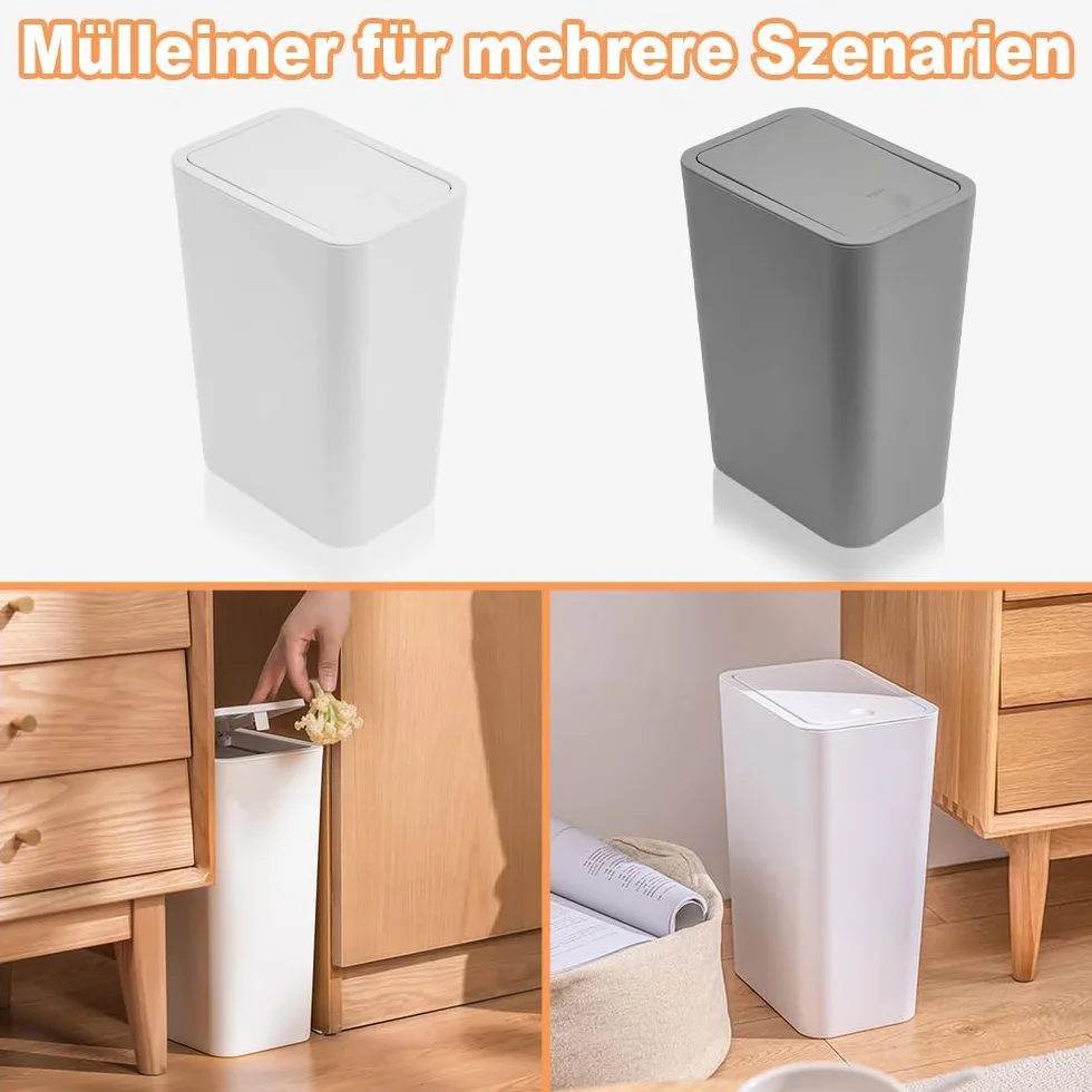 2 kosze na śmieci 10 l, do łazienki, z pokrywką ciśnieniową, do kuchni, łazienki, salonu, wąskiego miejsca (szary)