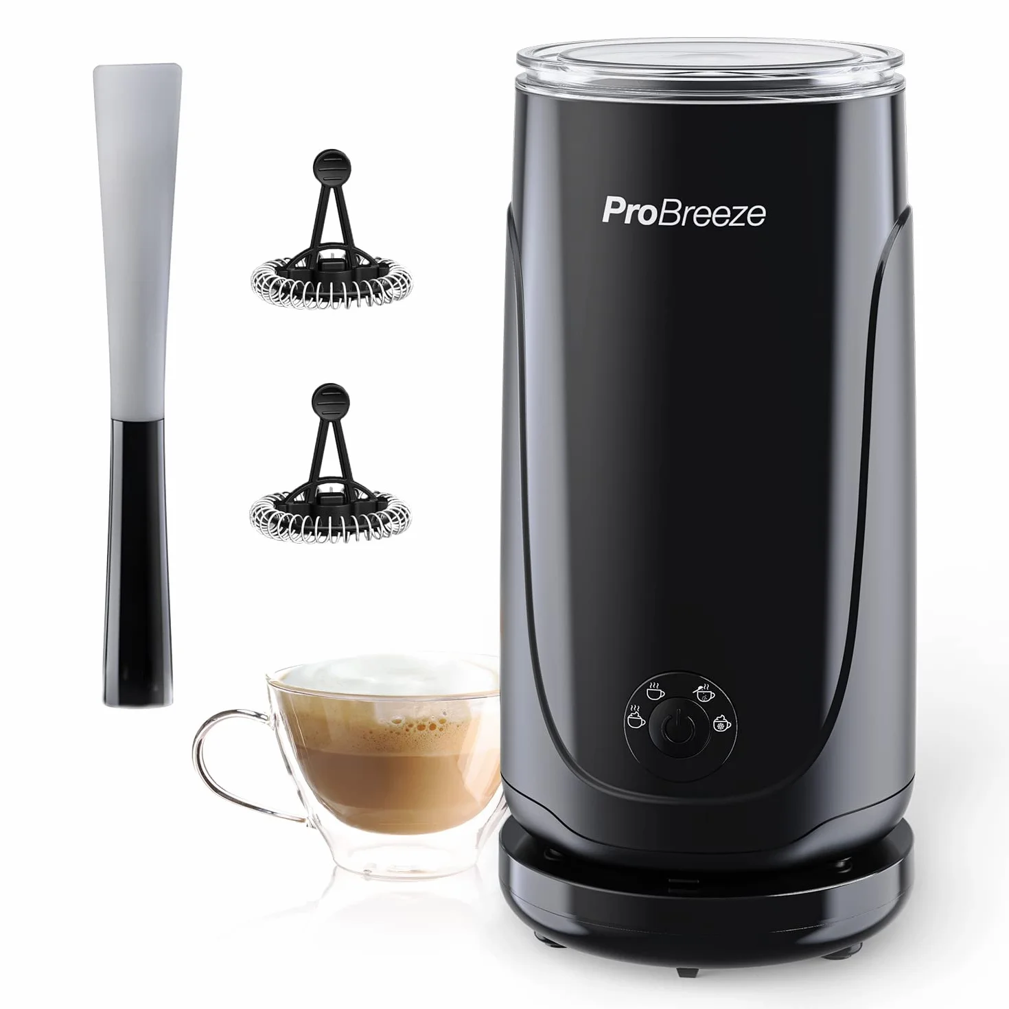 ProBreeze Elektryczny Spieniacz do Mleka 4w1 na Ciepło i Zimno, Podgrzewacz Ubijacz, Mikser do Śmietanki, Cichy, do Kawy Cappuccino Frappe Gorącej Czekolady, Czarny