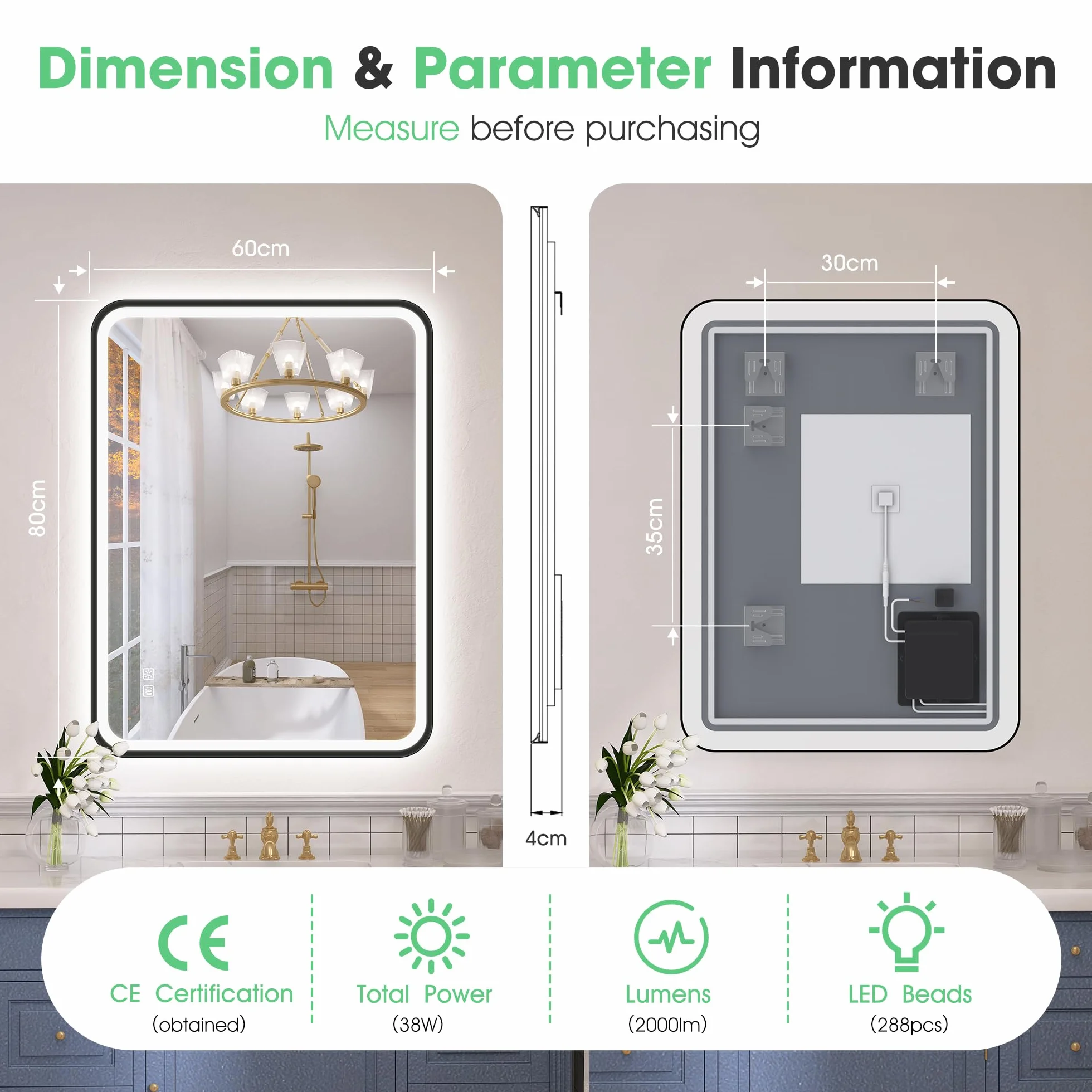 S'bagno Lustro łazienkowe ze światłem 80 x 60 cm, lustro łazienkowe LED z aluminiową ramą, Anti-Fog, 3000-6500K, funkcja pamięci, wodoodporna IP44, pozioma/pionowa, czarna